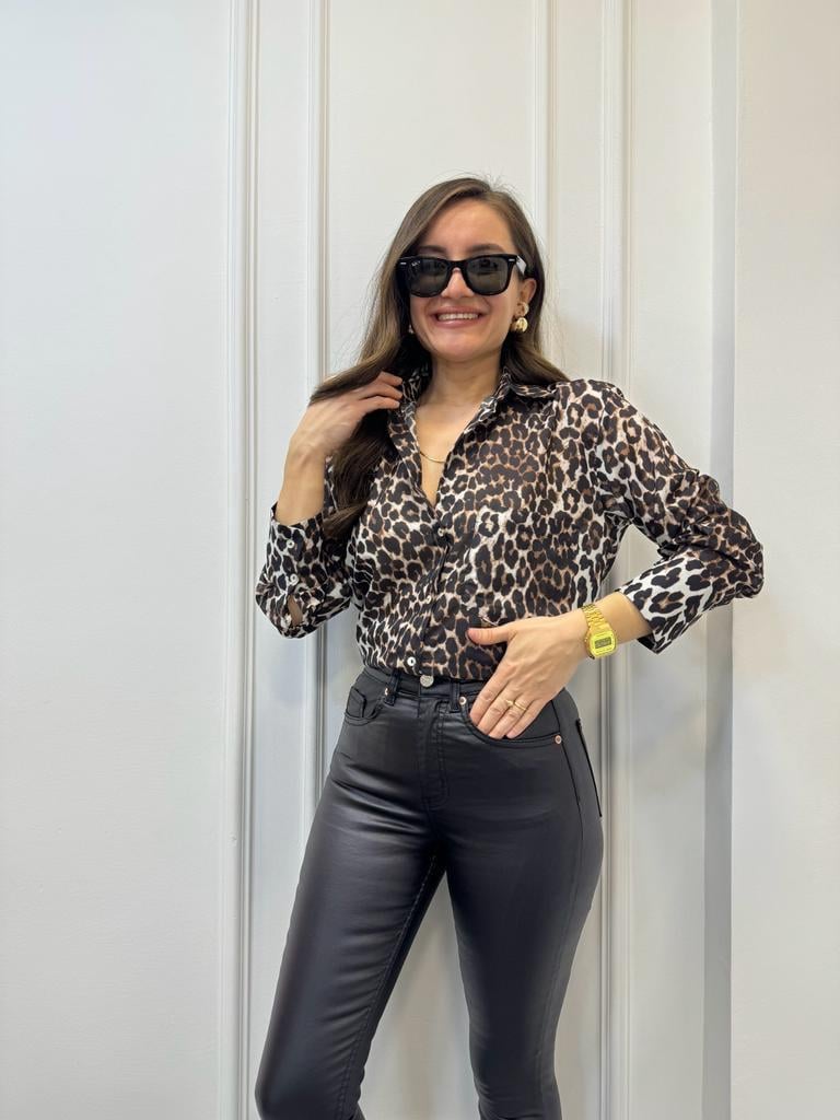 Kahve rengi Leopar Desenli Kolu Geniş Manşetli Oversize Gömlek 2301