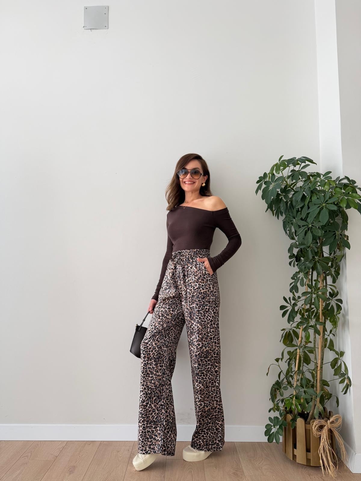 Kahve rengi Leopar Desenli Palazzo Pantolon K060