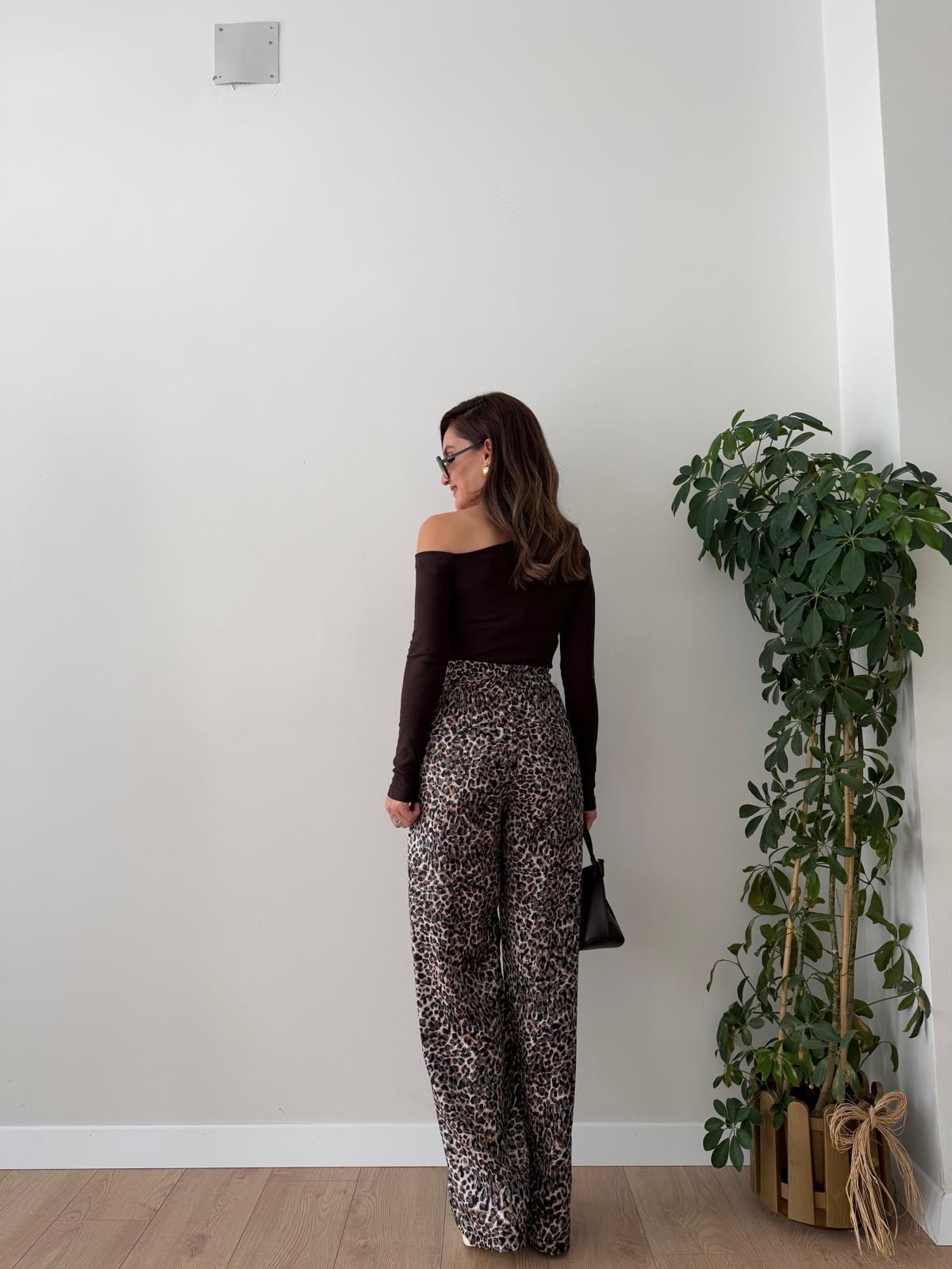 Kahve rengi Leopar Desenli Palazzo Pantolon K060