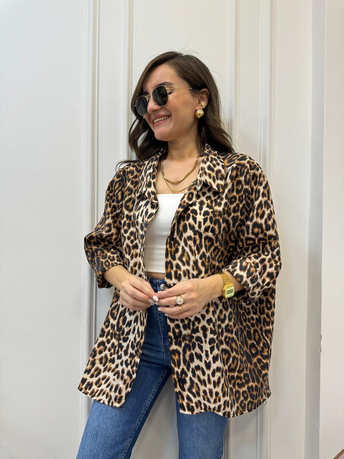 Kahve rengi Leopar Desenli Salaş Gömlek 58644