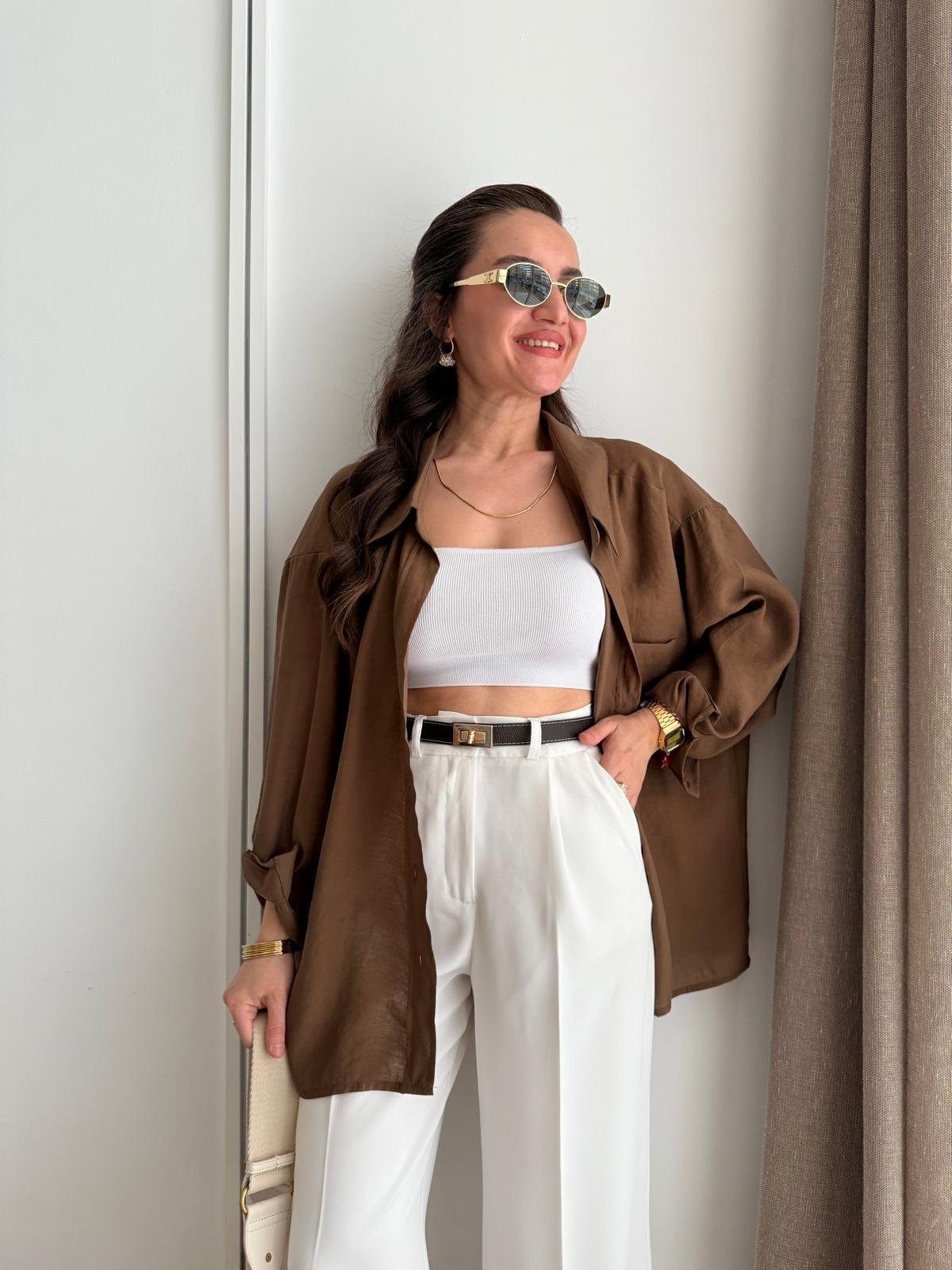 Kahve rengi Lüx Kalite Oversize Gömlek 4612