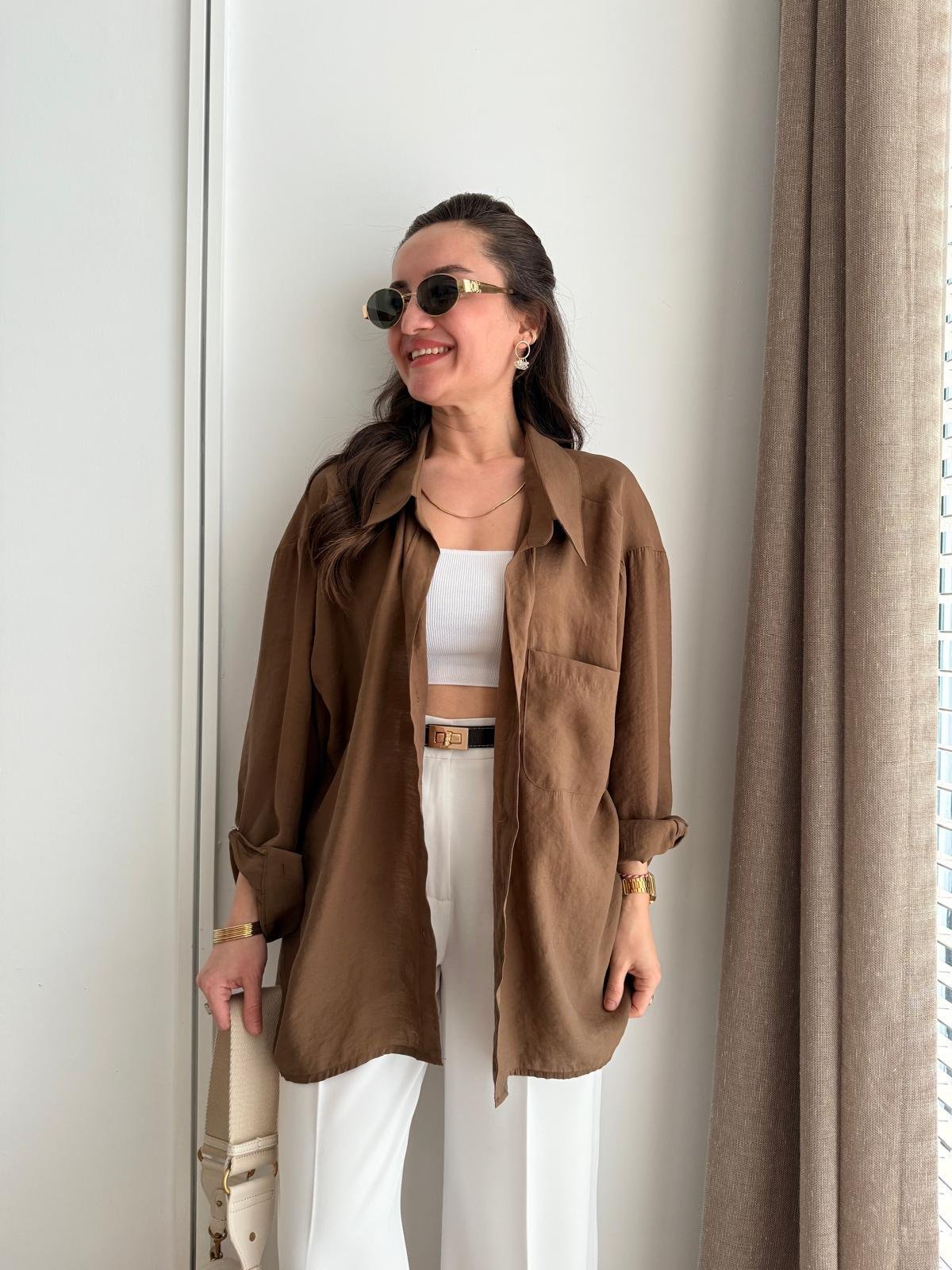 Kahve rengi Lüx Kalite Oversize Gömlek 4612