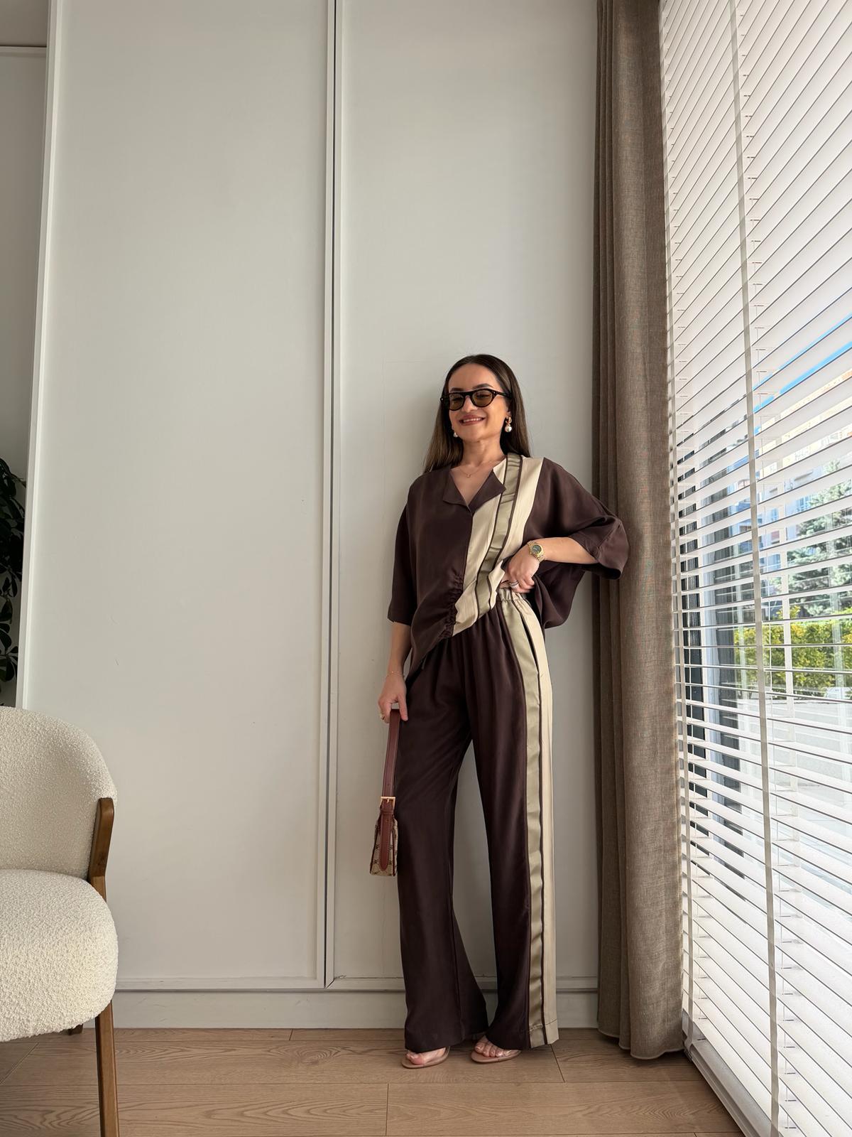 Kahve rengi Marka Model Büzgülü Bluz Takım L102