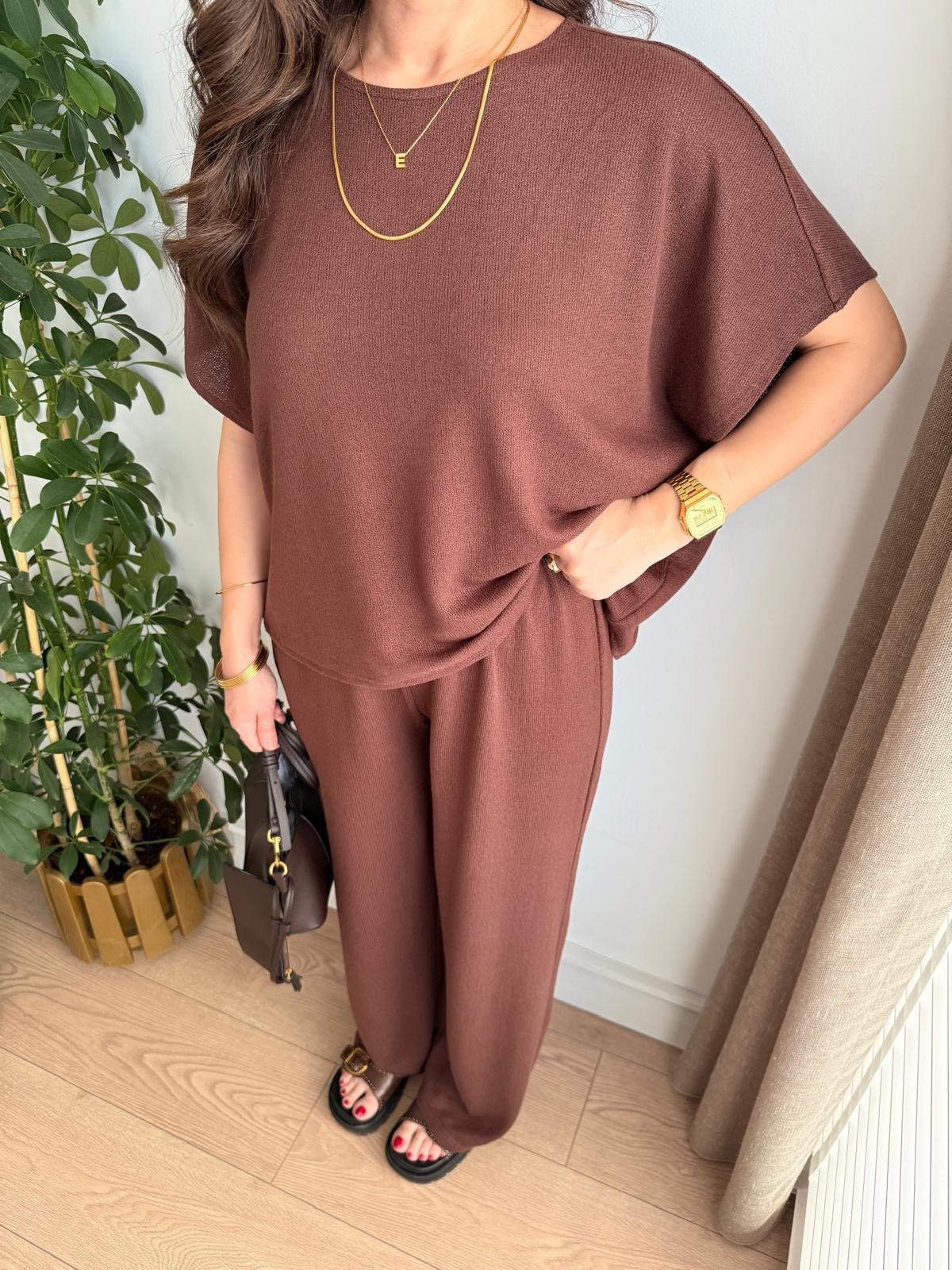 Kahve rengi Merserize Kumaş Bluz Pantolon Takım 16880