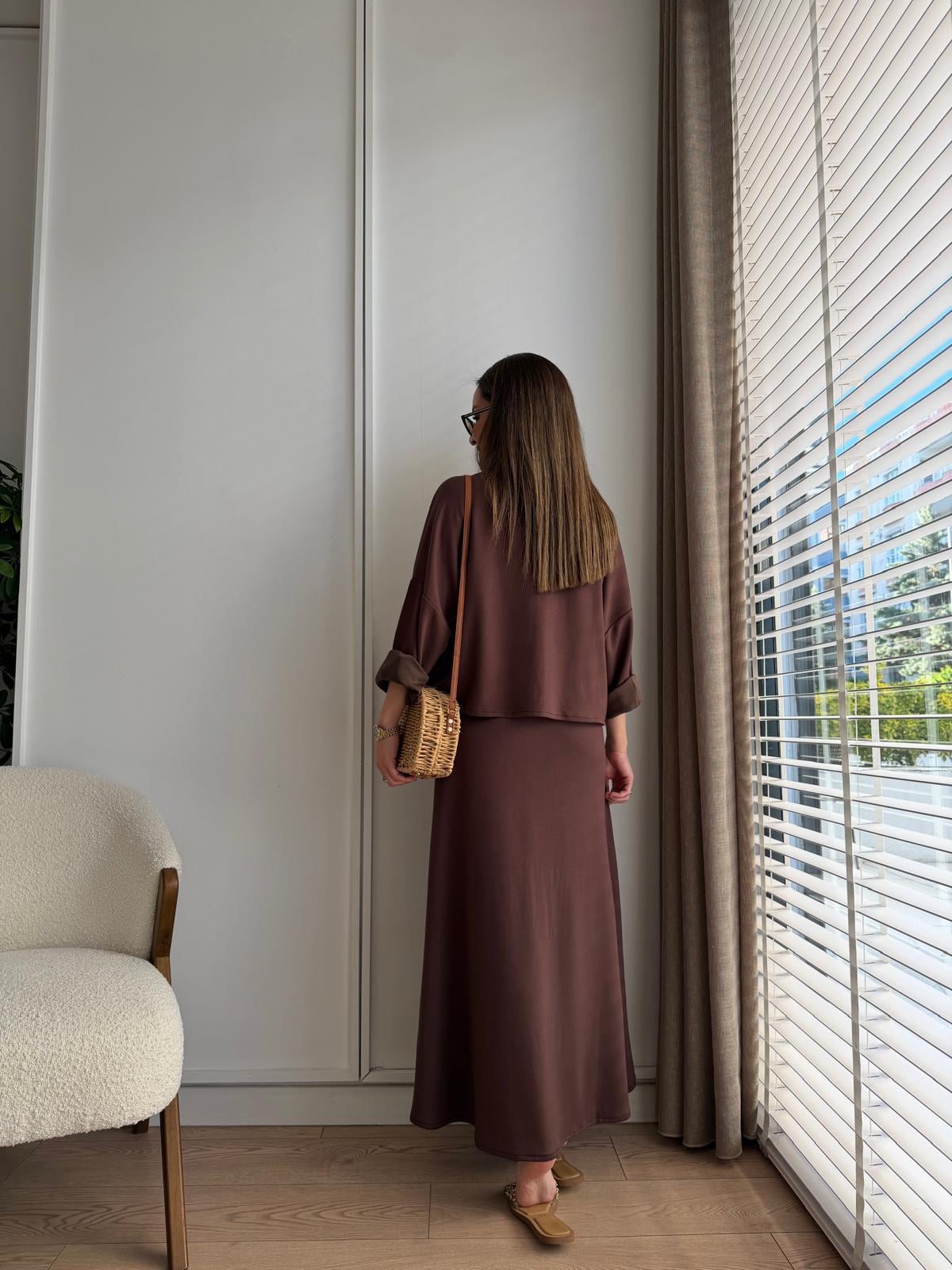 Kahve rengi Modal Gömlek Elbise Takım 4103