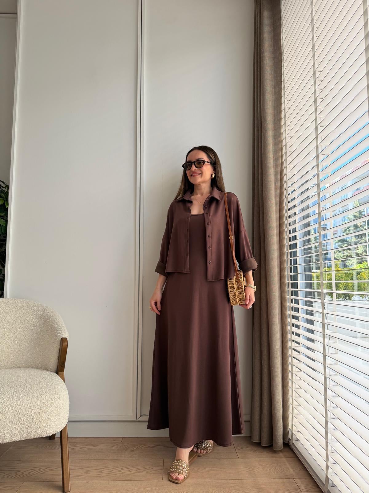 Kahve rengi Modal Gömlek Elbise Takım 4103