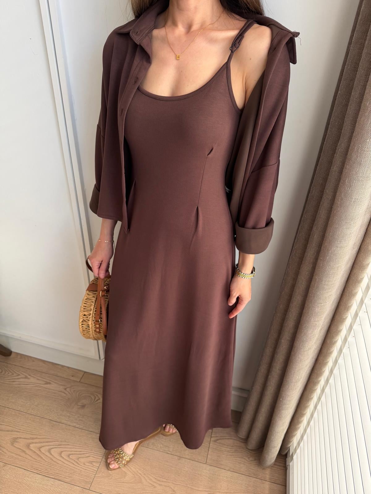 Kahve rengi Modal Gömlek Elbise Takım 4103