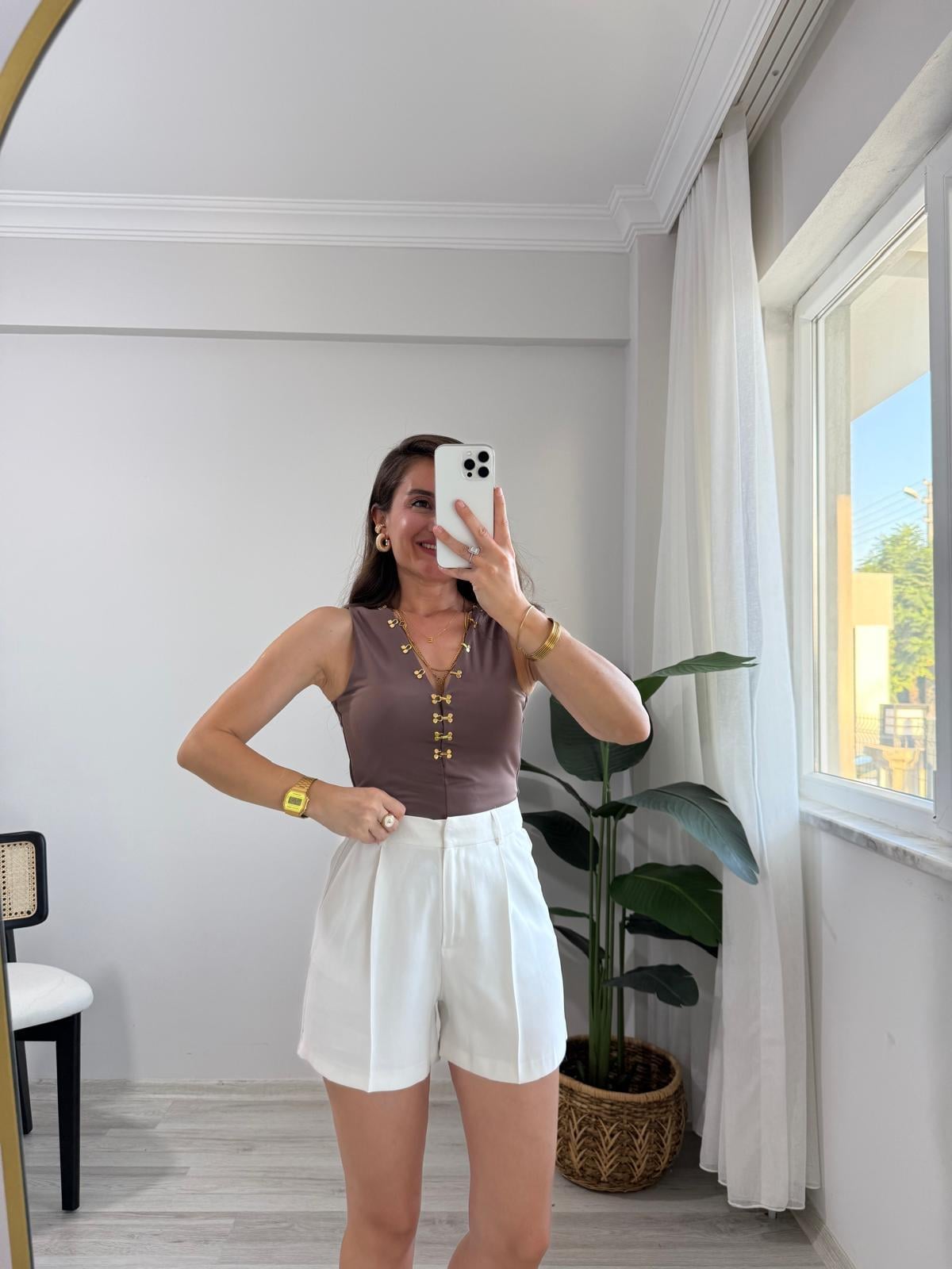Kahve rengi Modal Kumaş Agraf Detaylı Bluz 7366