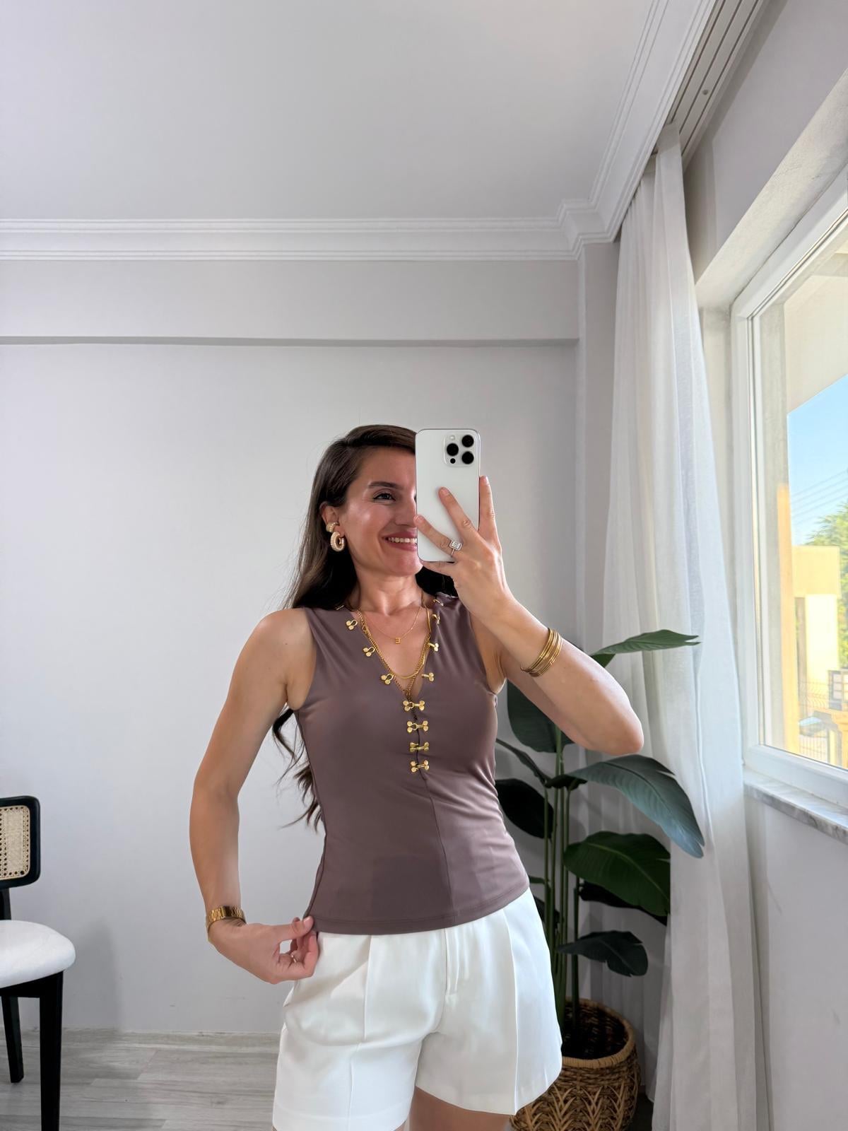 Kahve rengi Modal Kumaş Agraf Detaylı Bluz 7366