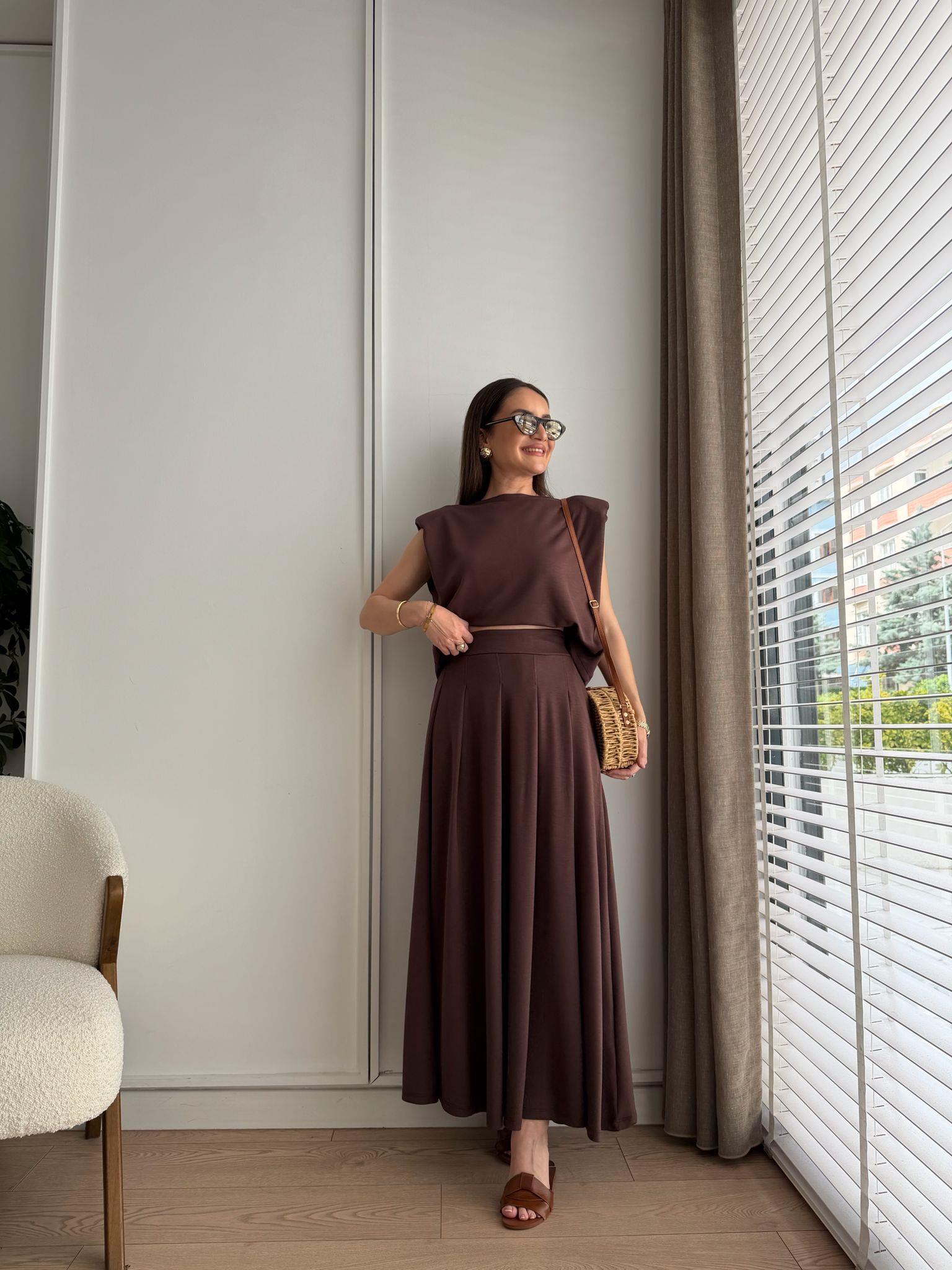 Kahve rengi Modal Kumaş Etekli Bluz Takım 4125