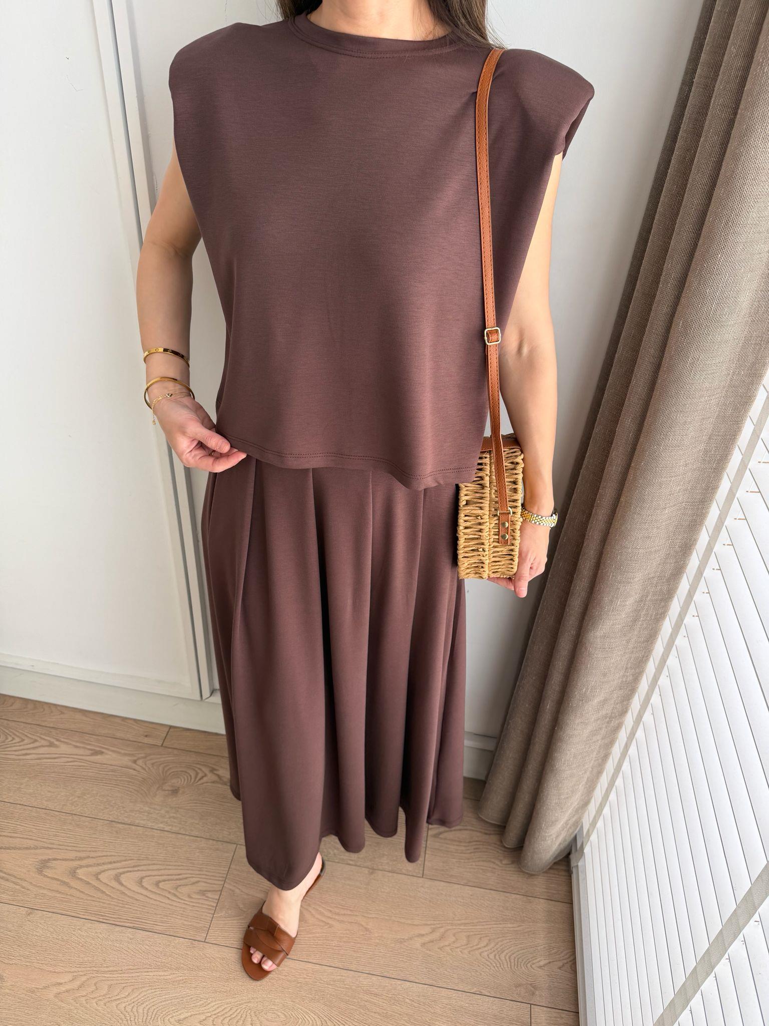 Kahve rengi Modal Kumaş Etekli Bluz Takım 4125