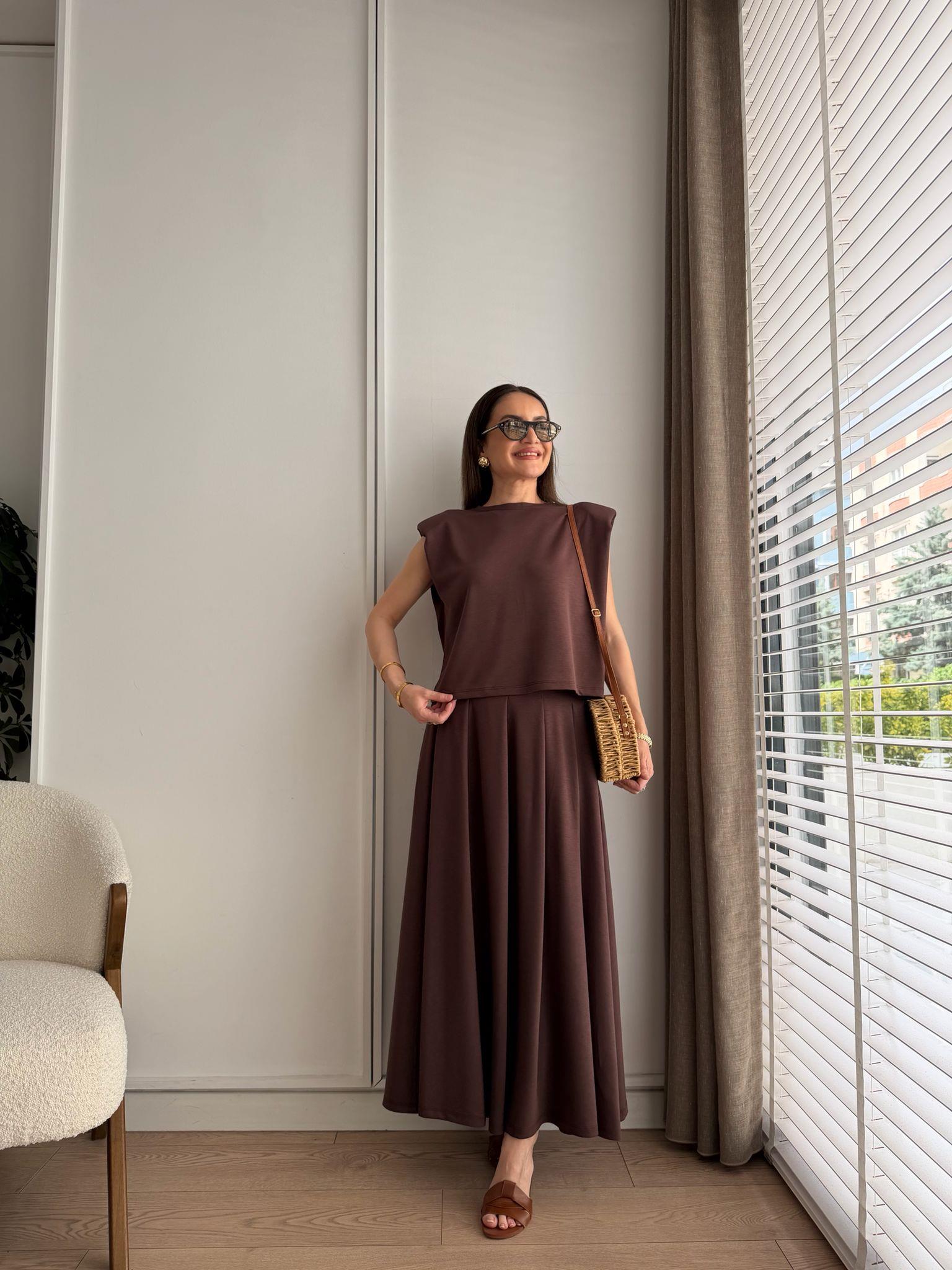 Kahve rengi Modal Kumaş Etekli Bluz Takım 4125