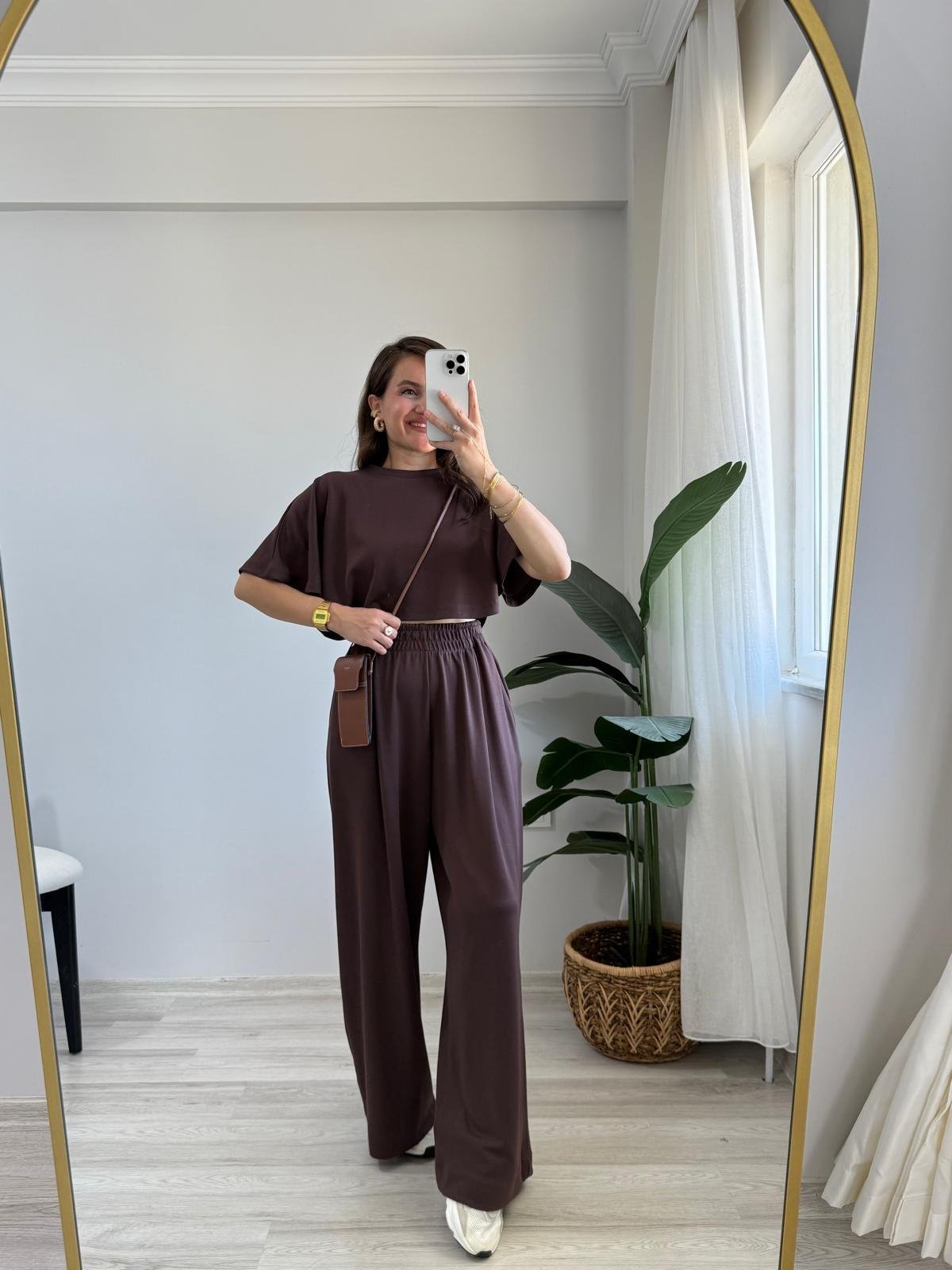 Kahve rengi Modal Kumaş Tasarım Bluz Pantolon Takım 1201
