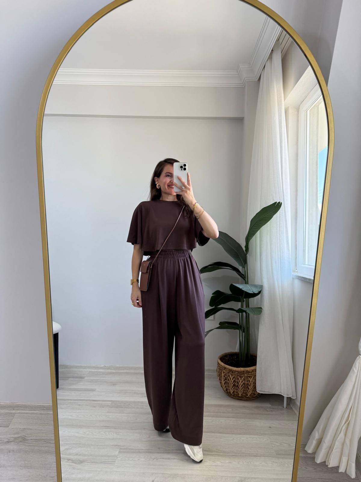 Kahve rengi Modal Kumaş Tasarım Bluz Pantolon Takım 1201
