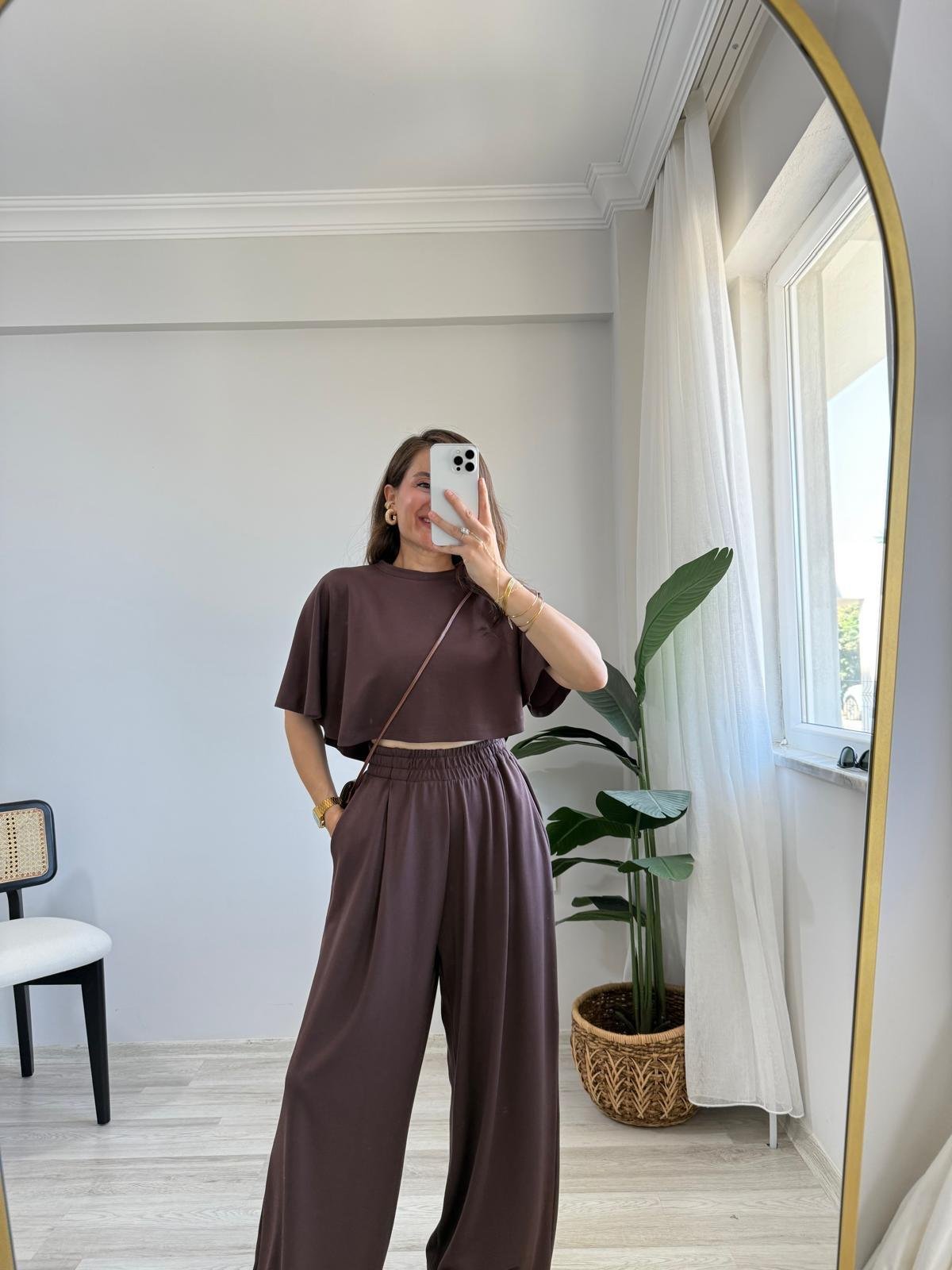 Kahve rengi Modal Kumaş Tasarım Bluz Pantolon Takım 1201