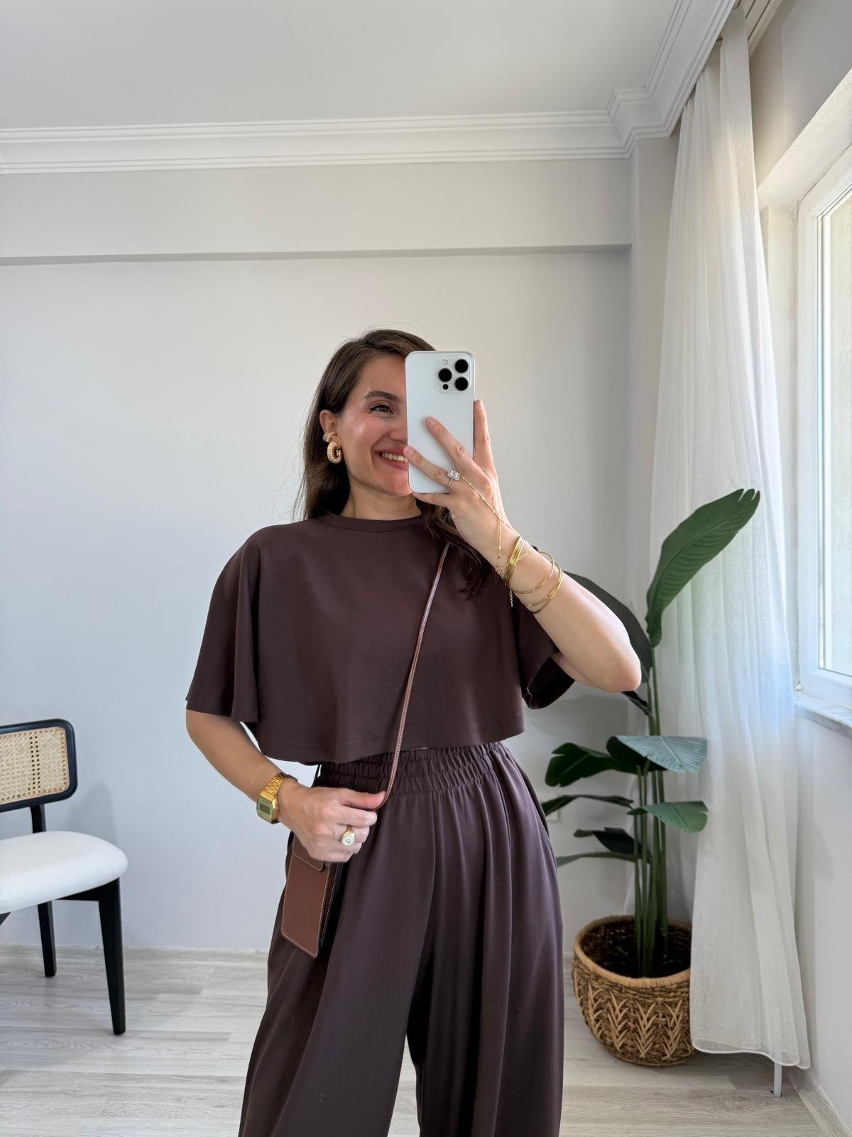 Kahve rengi Modal Kumaş Tasarım Bluz Pantolon Takım 1201