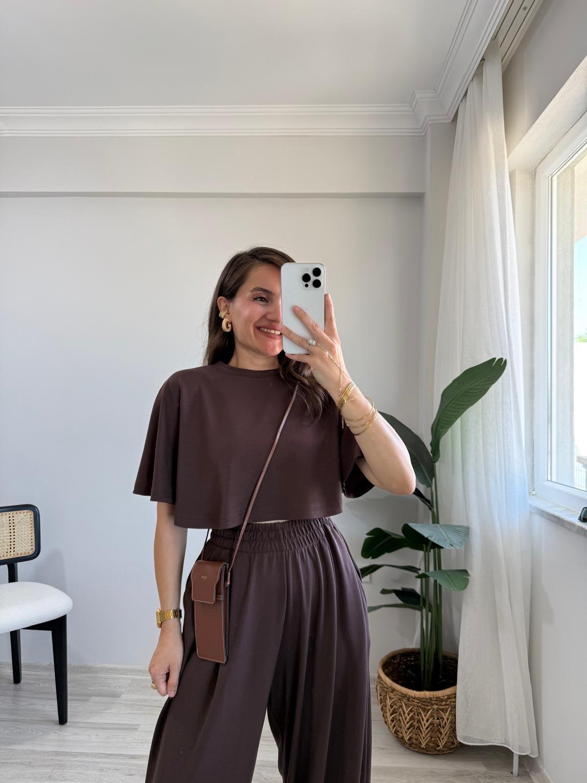 Kahve rengi Modal Kumaş Tasarım Bluz Pantolon Takım 1201