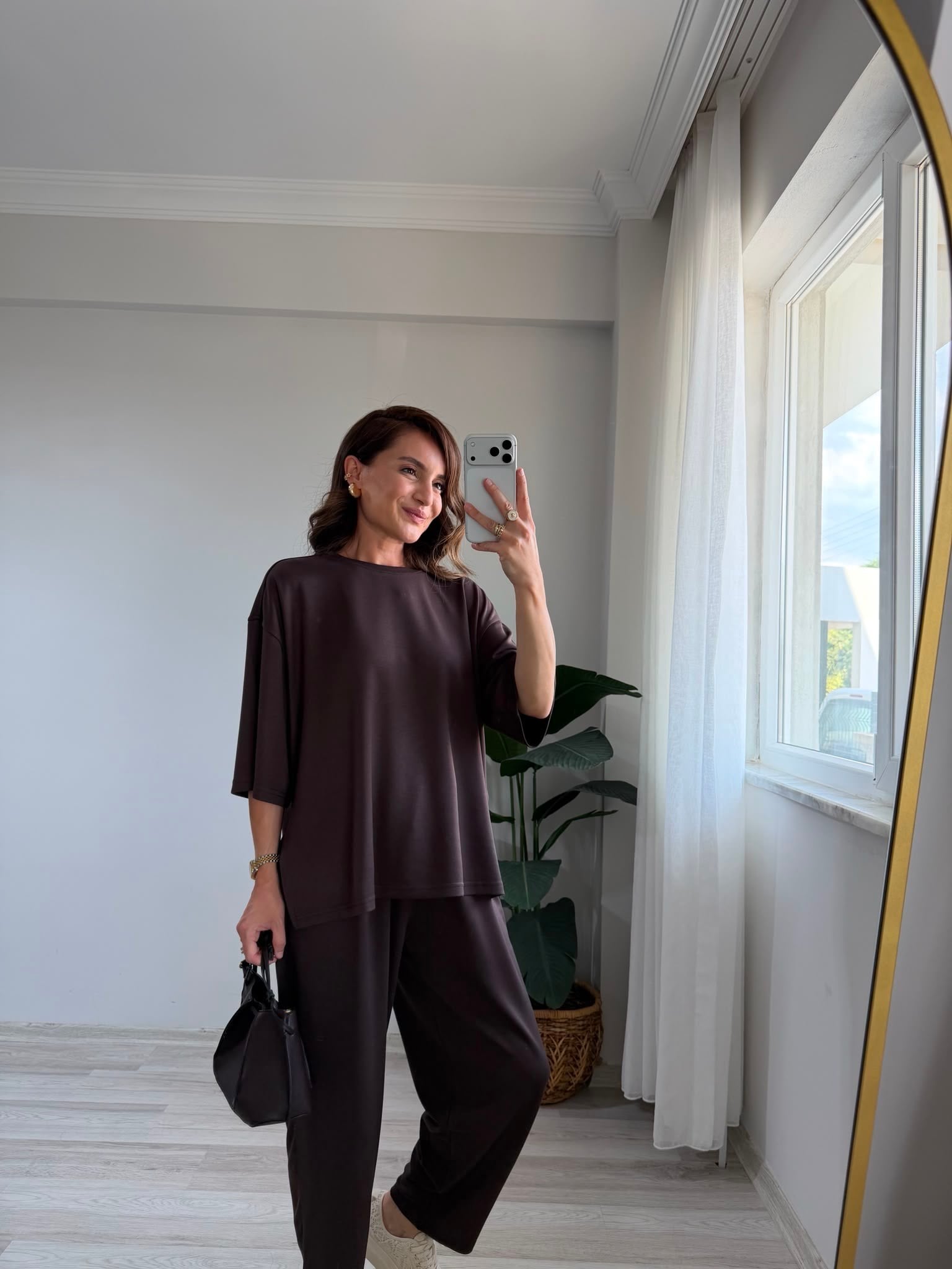 Kahve rengi Modal Kumaş Yanları Yırtmaçlı Takım 11485