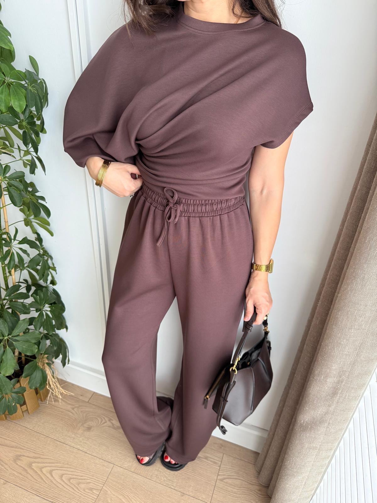 Kahve rengi Modal Kumaş Yarasa Kol Bluz Pantolon Takım 3530