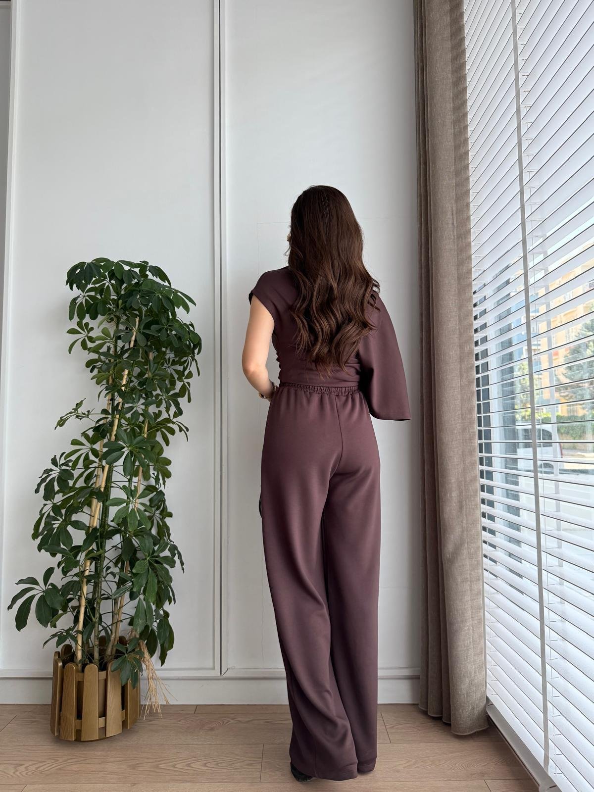 Kahve rengi Modal Kumaş Yarasa Kol Bluz Pantolon Takım 3530