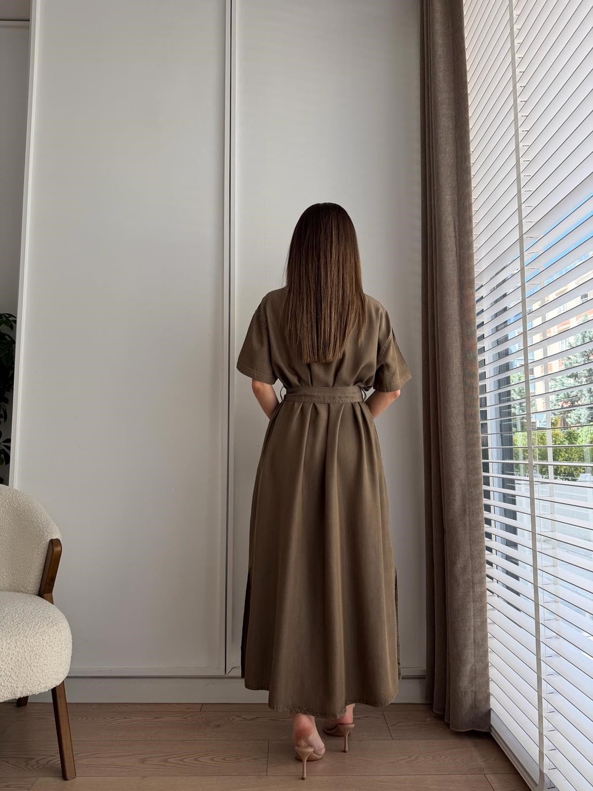 Kahve rengi Nakış Detaylı Kuşaklı Gömlek Elbise 4399