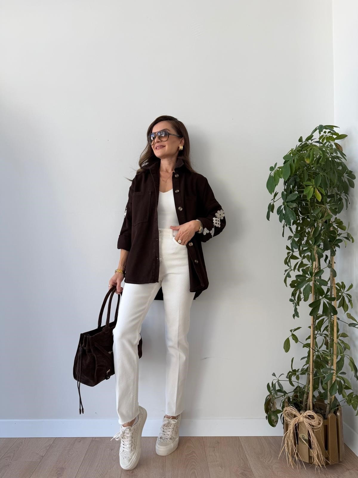 Kahve rengi Nakışlı Gabardin Ceket 5914
