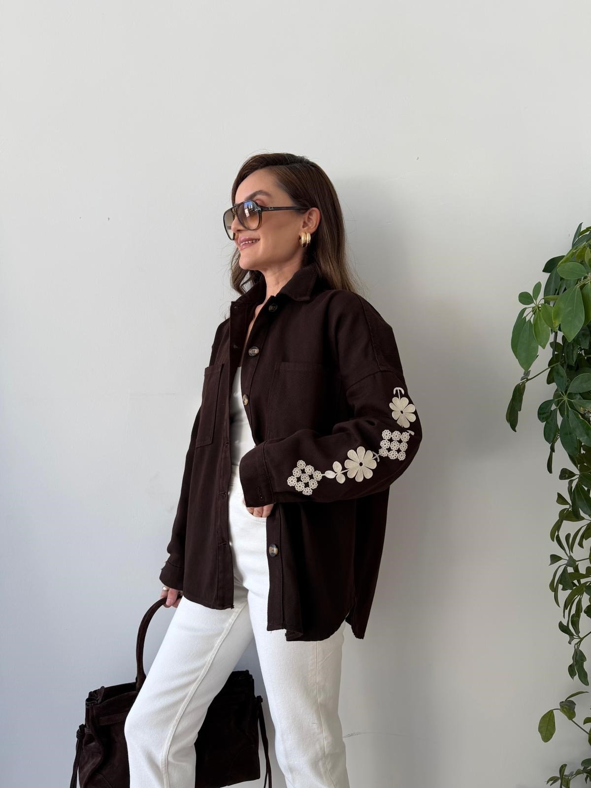 Kahve rengi Nakışlı Gabardin Ceket 5914