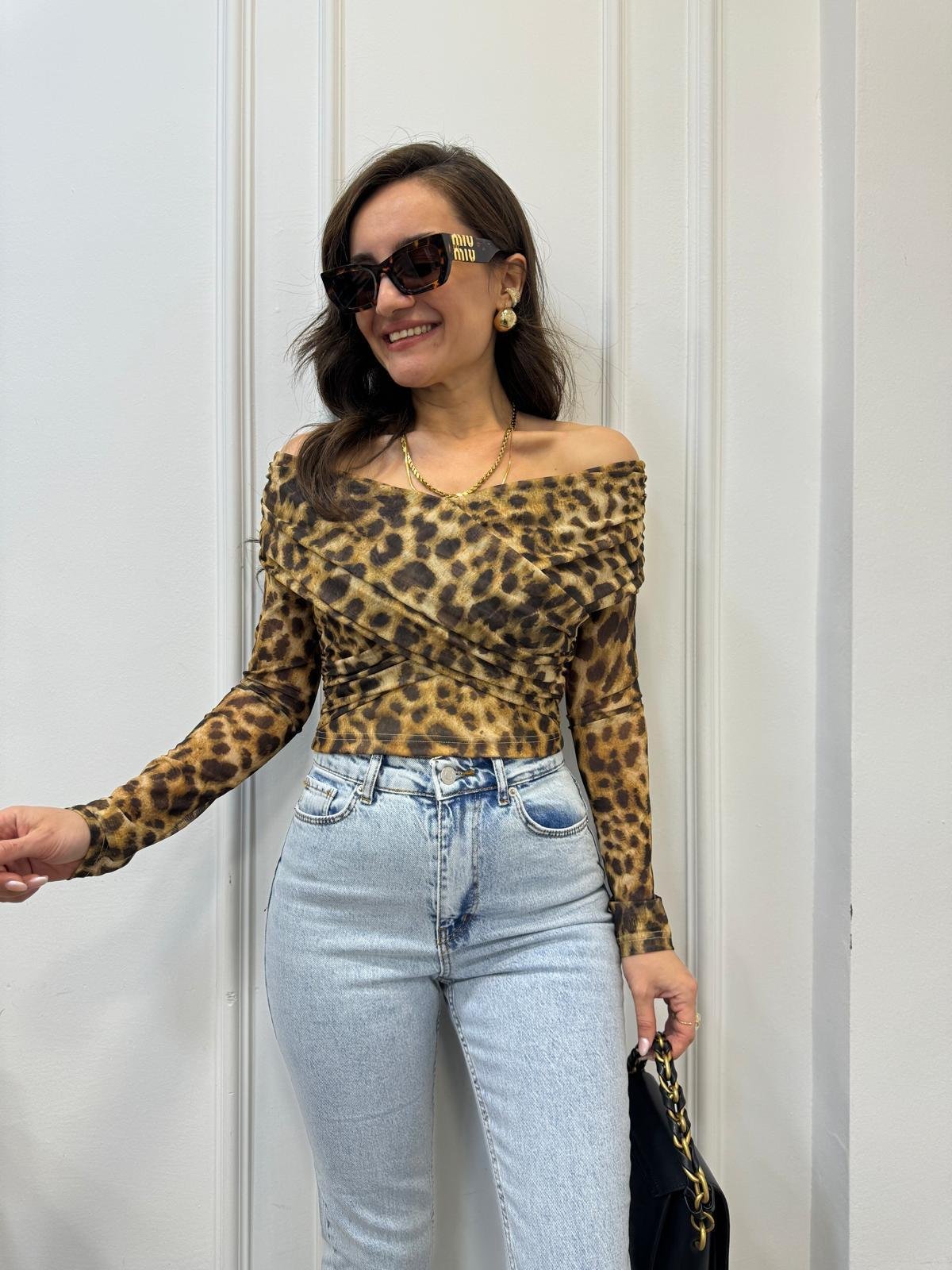 Kahve rengi Omuz Drape Detaylı Kruvaze Bluz 0158