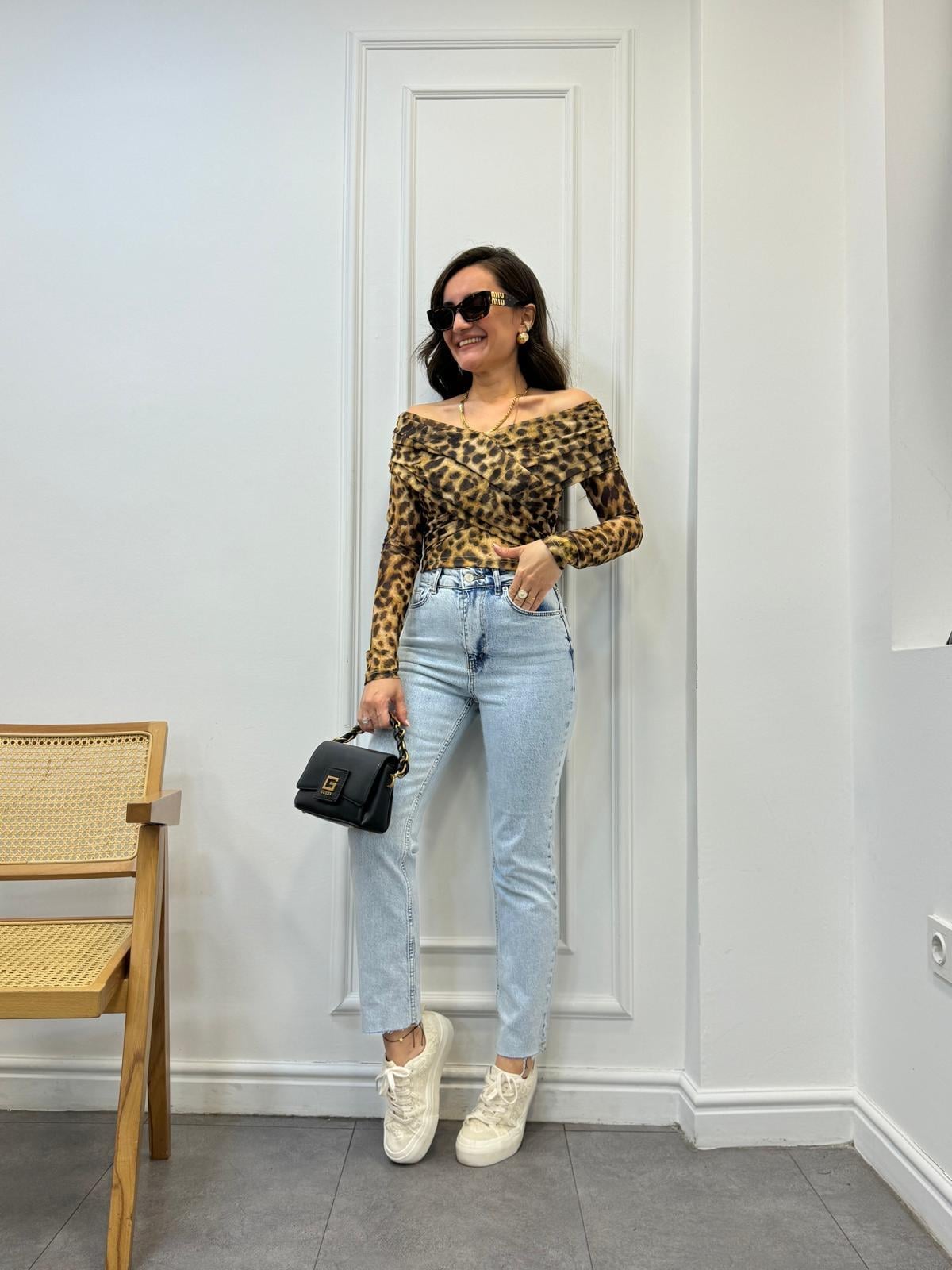 Kahve rengi Omuz Drape Detaylı Kruvaze Bluz 0158