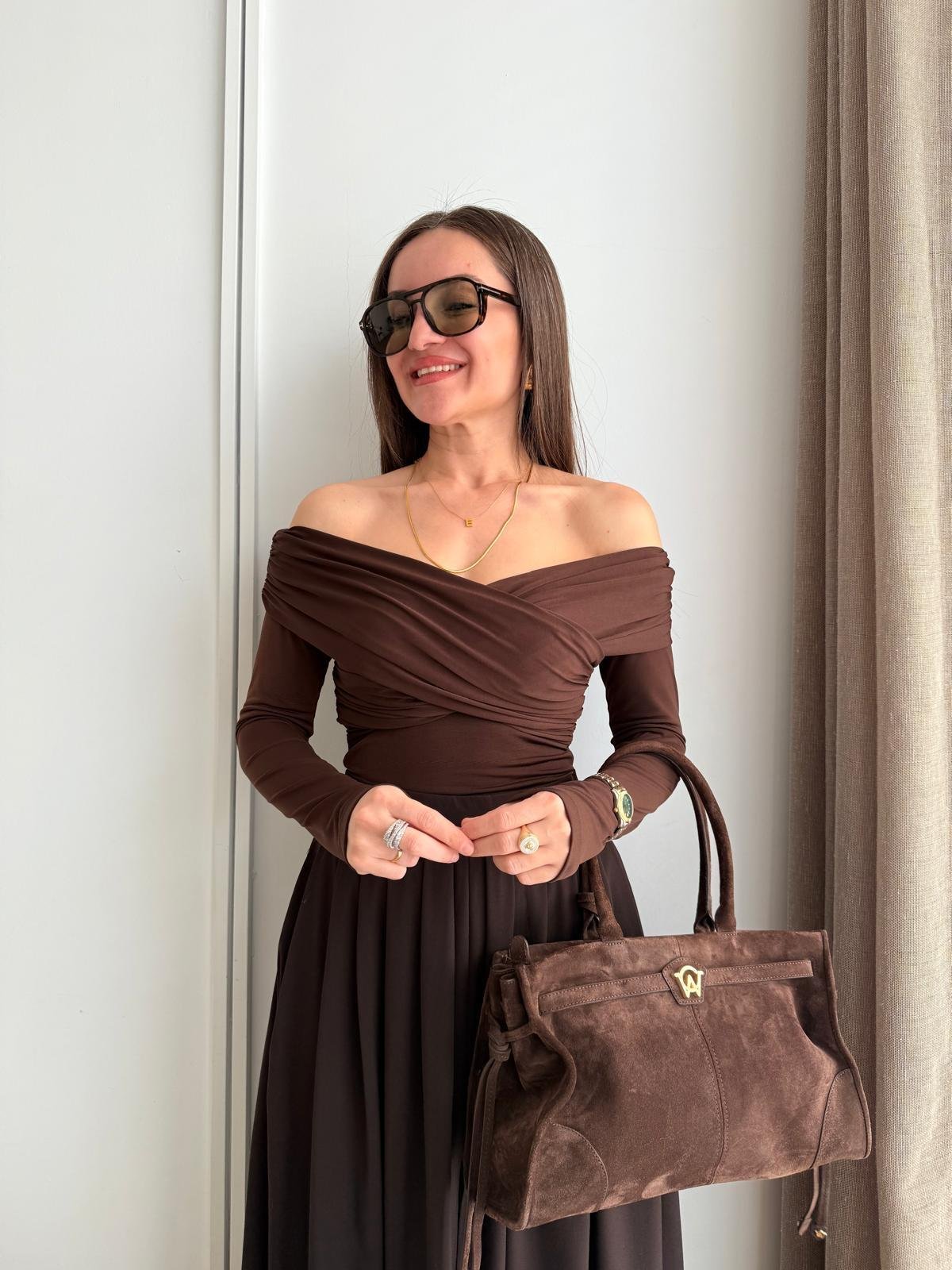 Kahve rengi Omuz Drapeli Bluz 1935