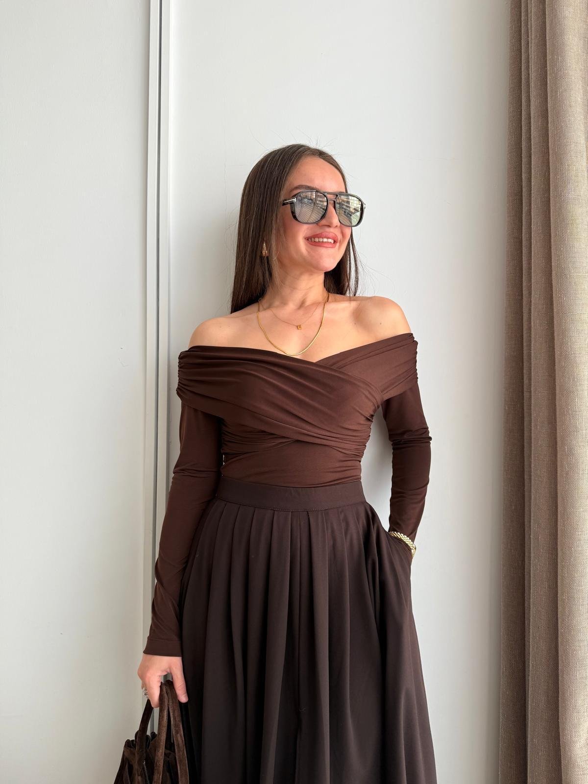 Kahve rengi Omuz Drapeli Bluz 1935