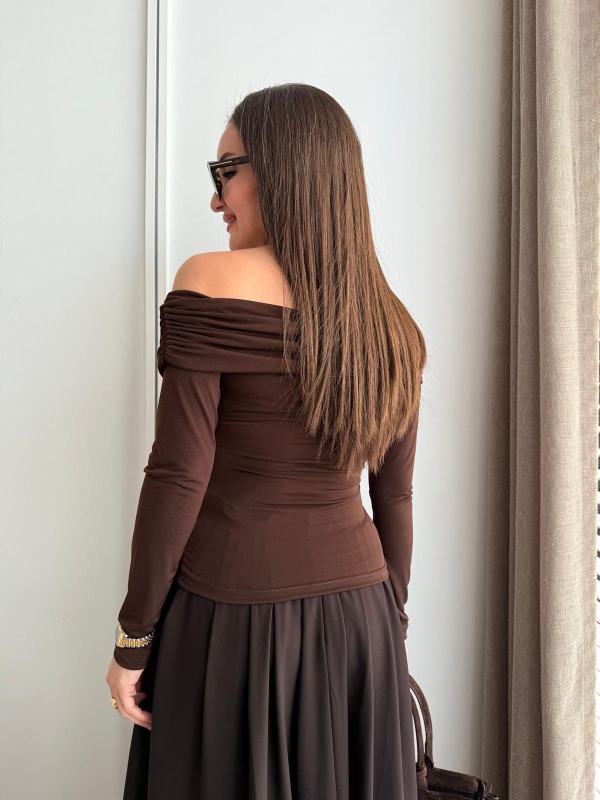 Kahve rengi Omuz Drapeli Bluz 1935