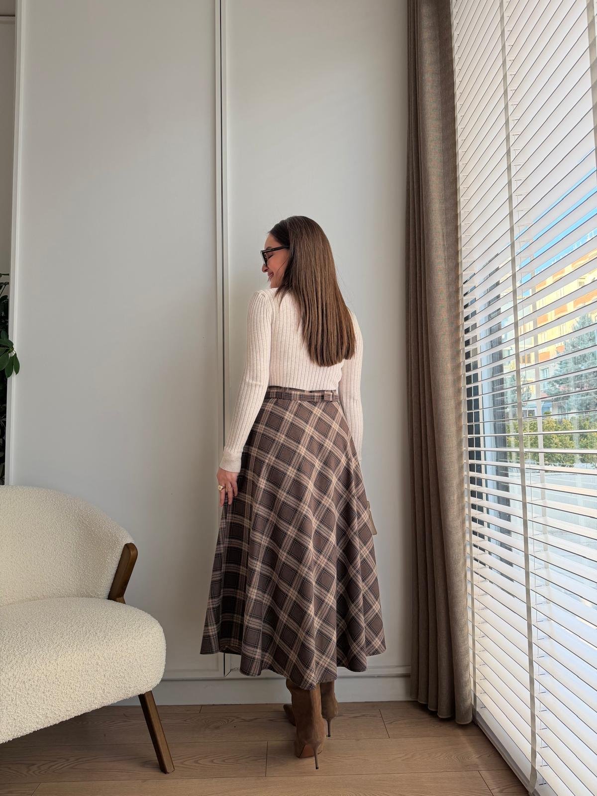 Kahve rengi Ön Düğme Detaylı Kemerli Ekose Etek 36977