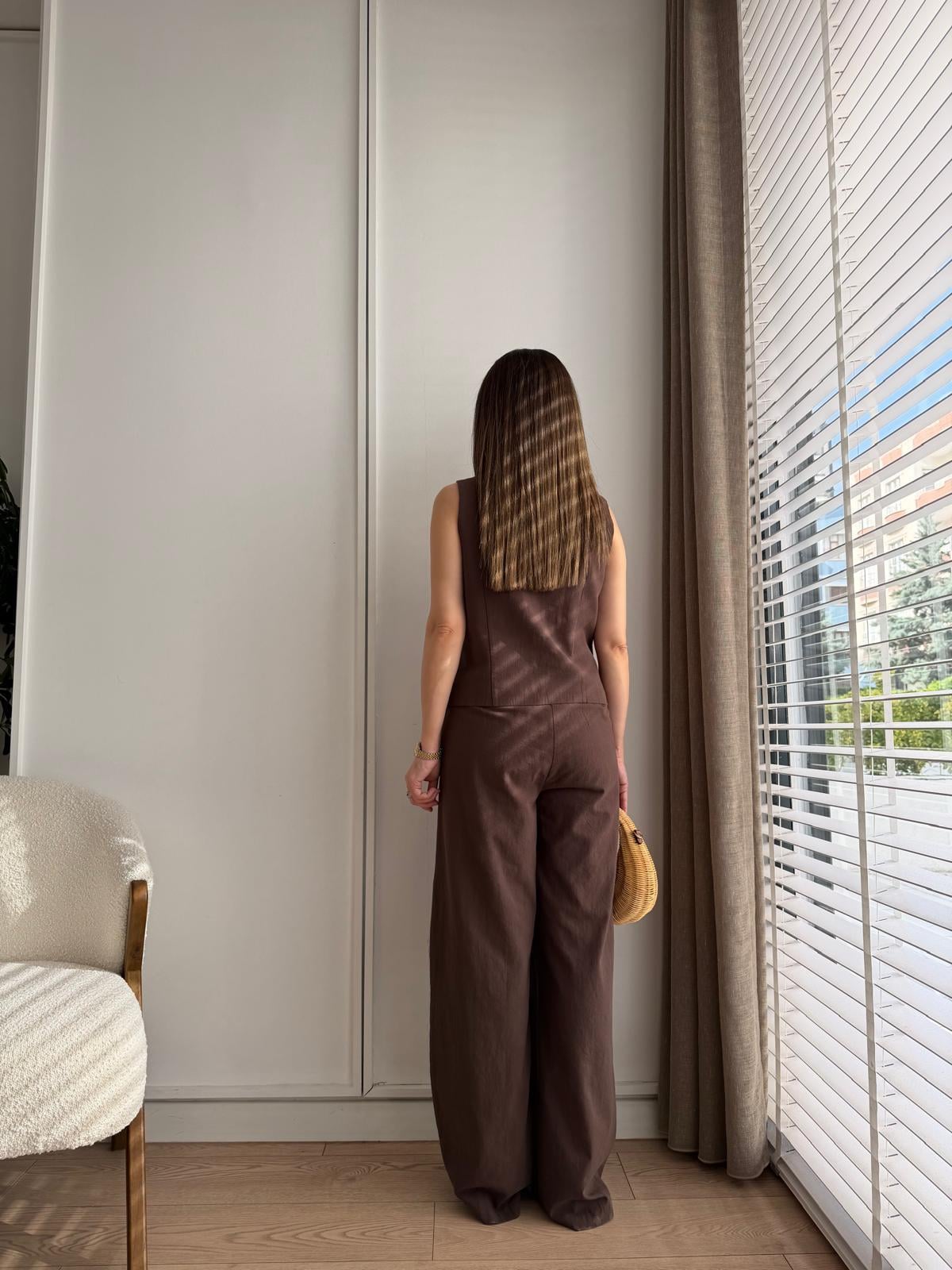 Kahve rengi Ön Düğmeli Yelek Pantolon Takım 9148