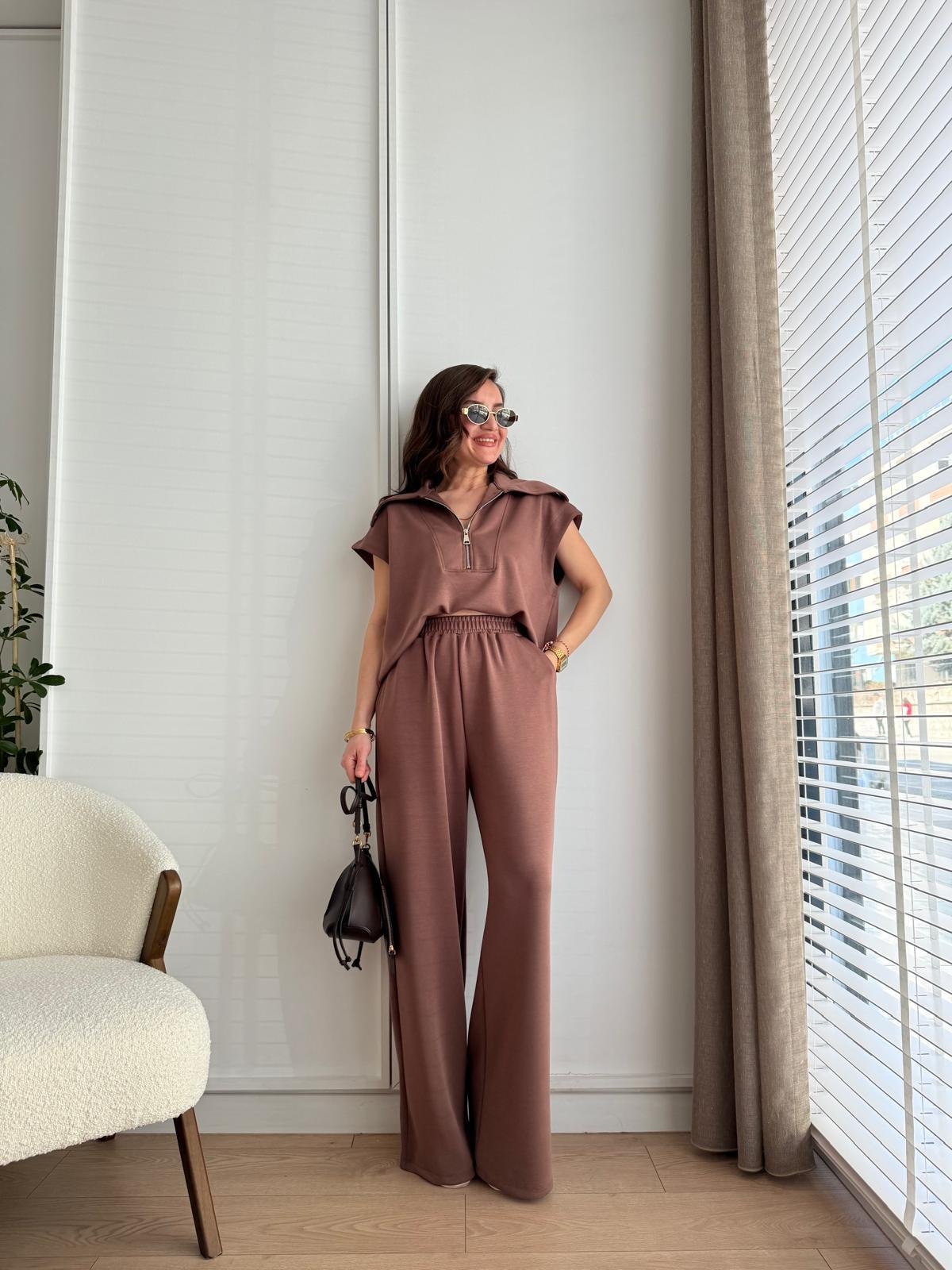 Kahve rengi Ön Fermuarlı Modal Kumaş Yelek Pantolon Takım 36188
