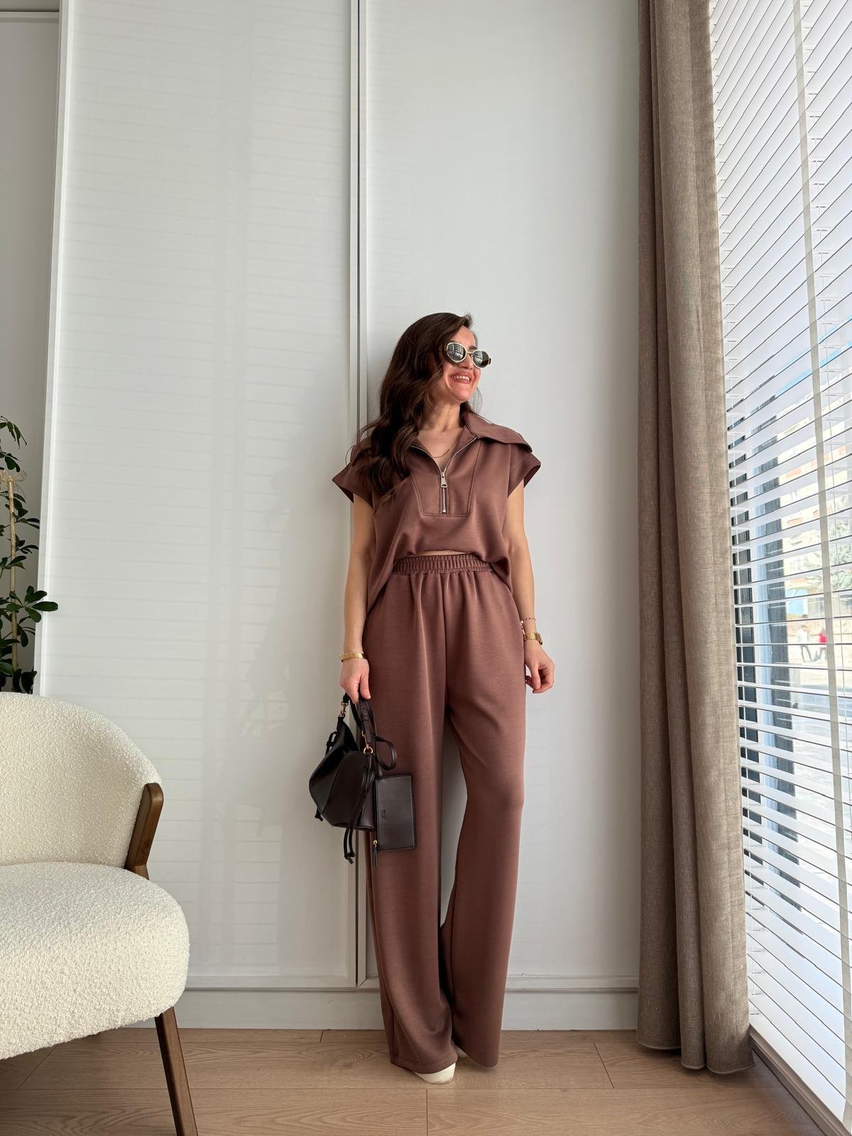 Kahve rengi Ön Fermuarlı Modal Kumaş Yelek Pantolon Takım 36188