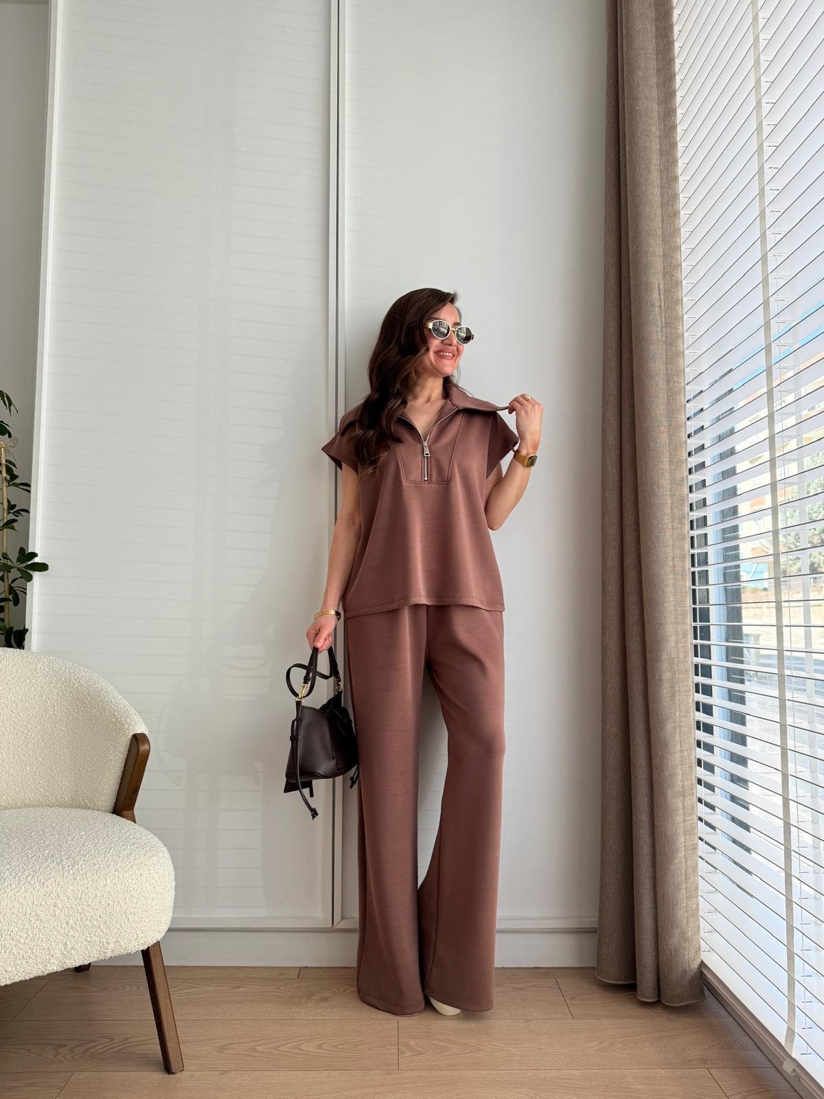 Kahve rengi Ön Fermuarlı Modal Kumaş Yelek Pantolon Takım 36188