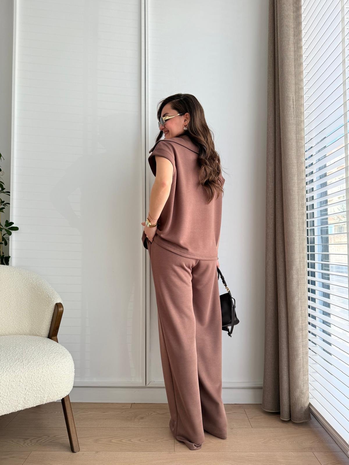 Kahve rengi Ön Fermuarlı Modal Kumaş Yelek Pantolon Takım 36188
