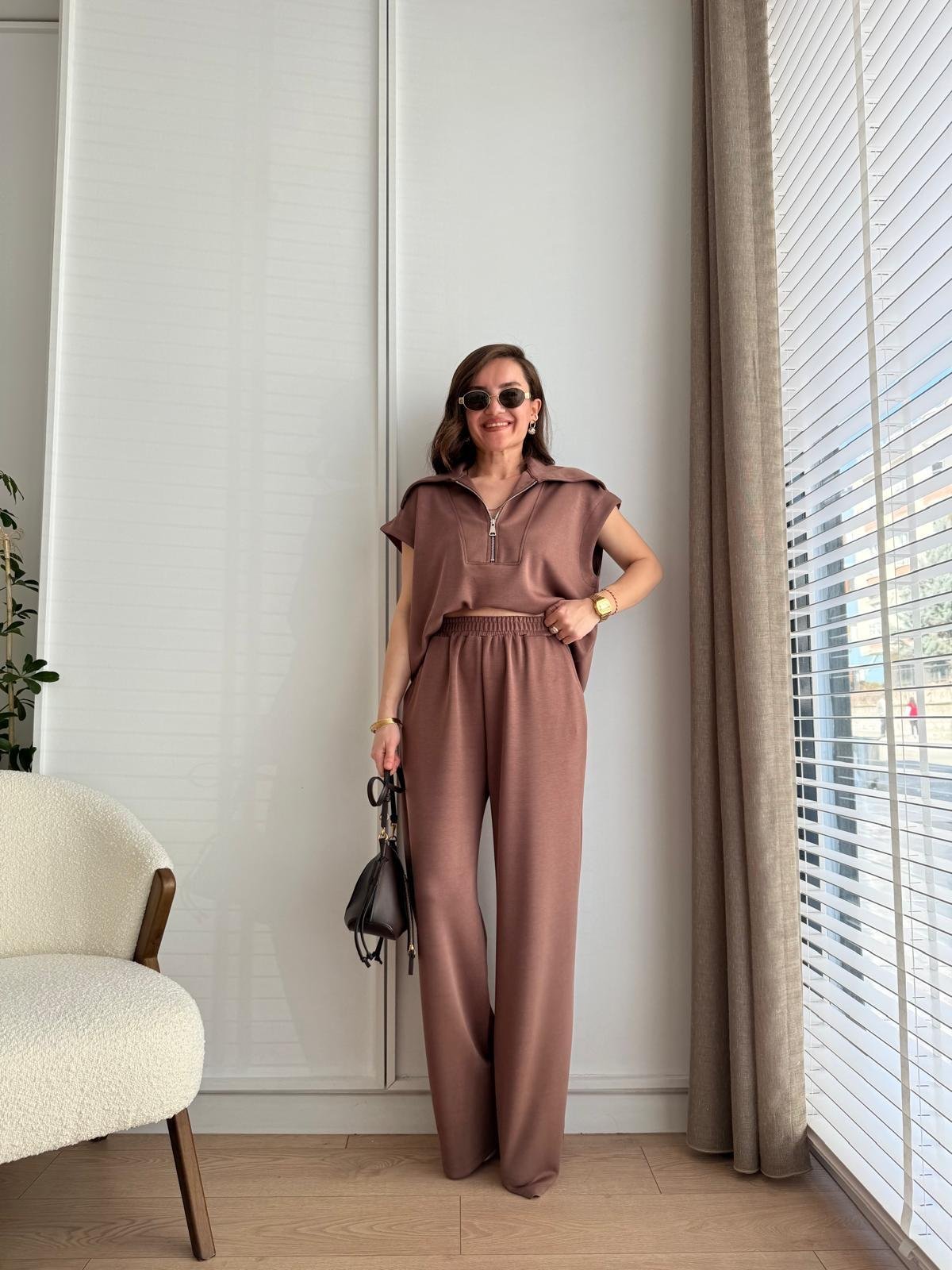 Kahve rengi Ön Fermuarlı Modal Kumaş Yelek Pantolon Takım 36188
