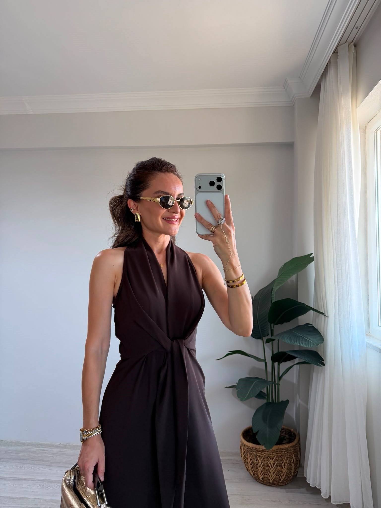 Kahve rengi Önden Bağlamalı Bol Paça Tulum 3551