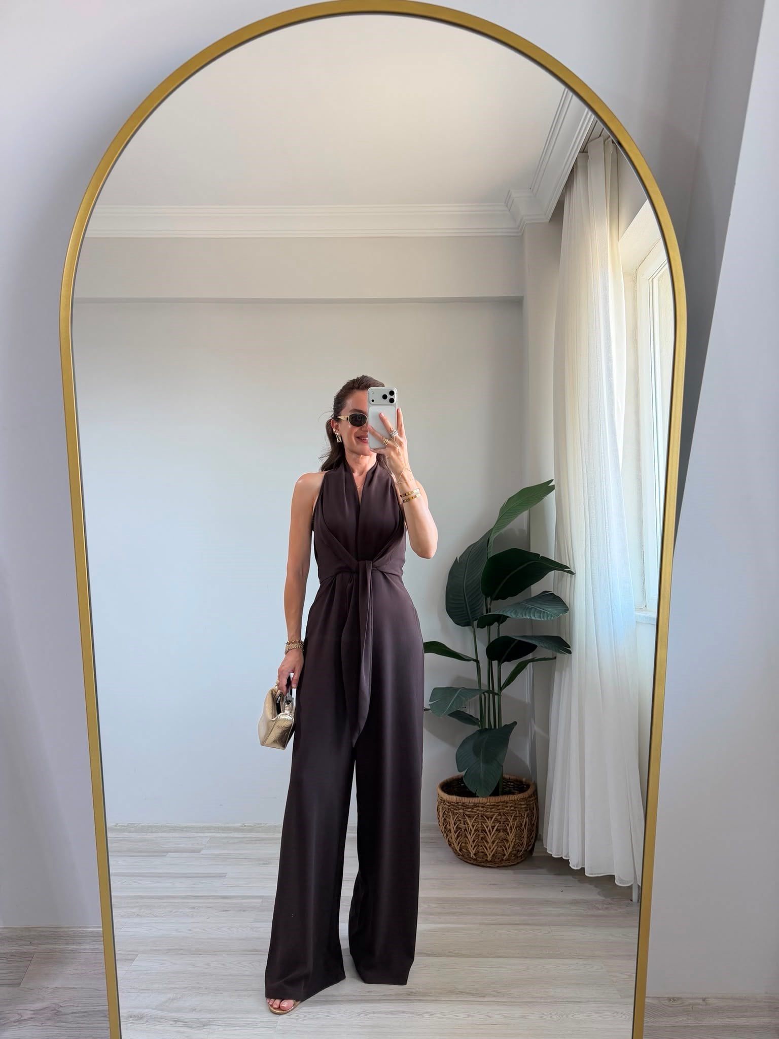 Kahve rengi Önden Bağlamalı Bol Paça Tulum 3551