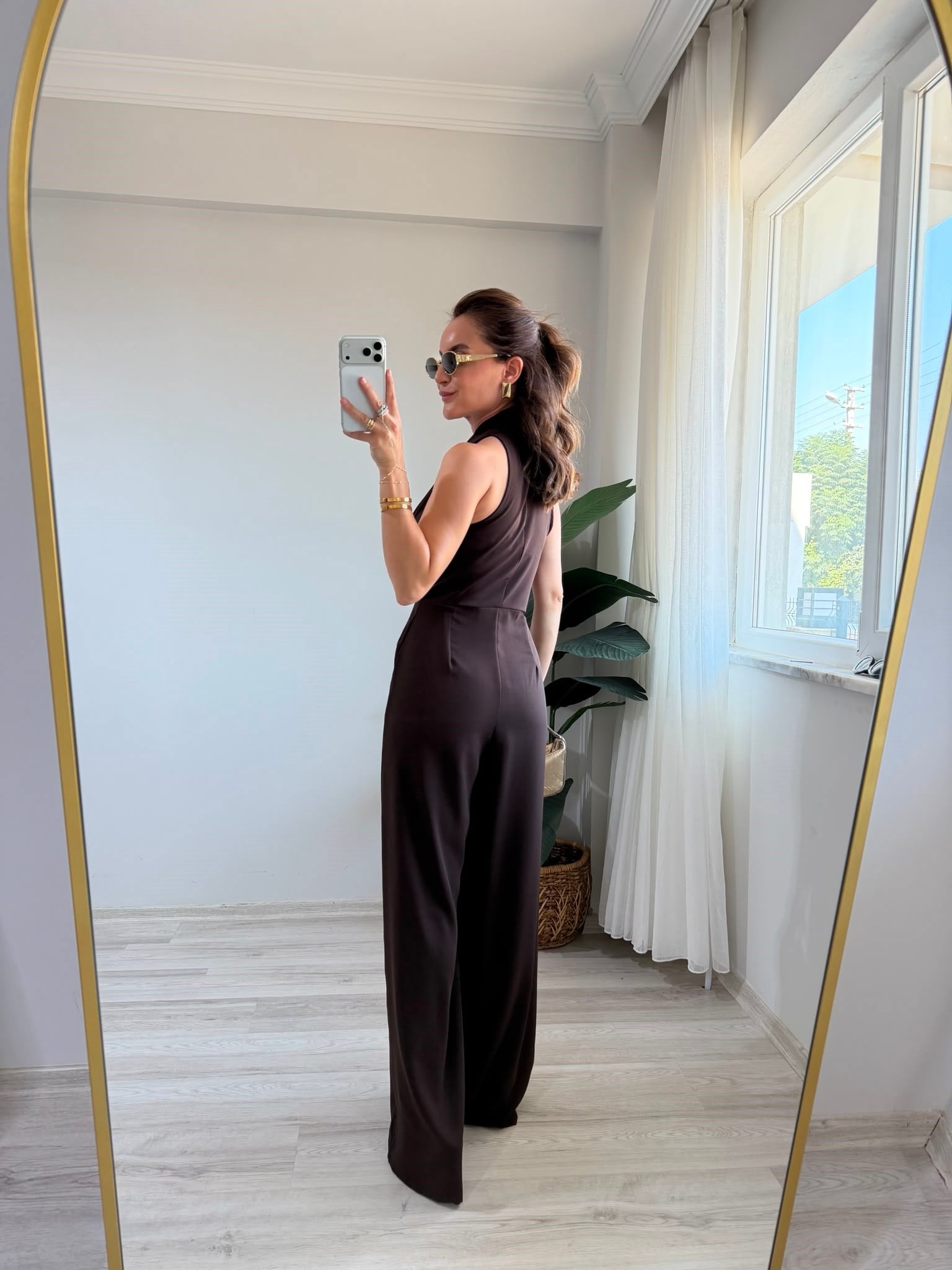 Kahve rengi Önden Bağlamalı Bol Paça Tulum 3551