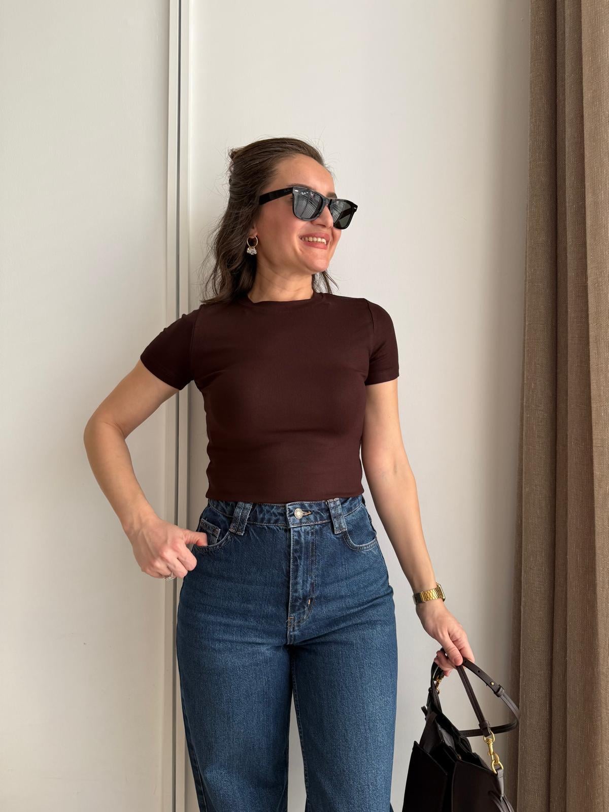 Kahve rengi Orijinal Marka Özel Dokulu Yarım Kol Bluz 5218