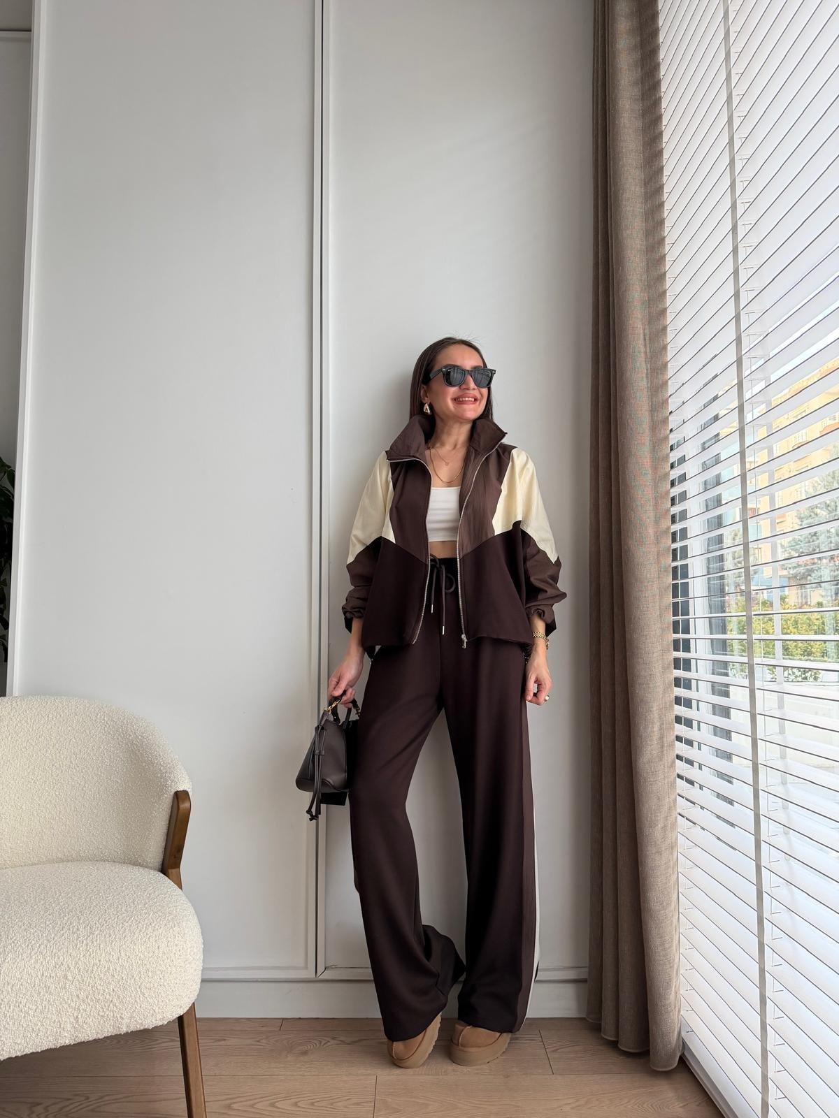Kahve rengi Paraşüt Detay Fermuarlı Takım 36891