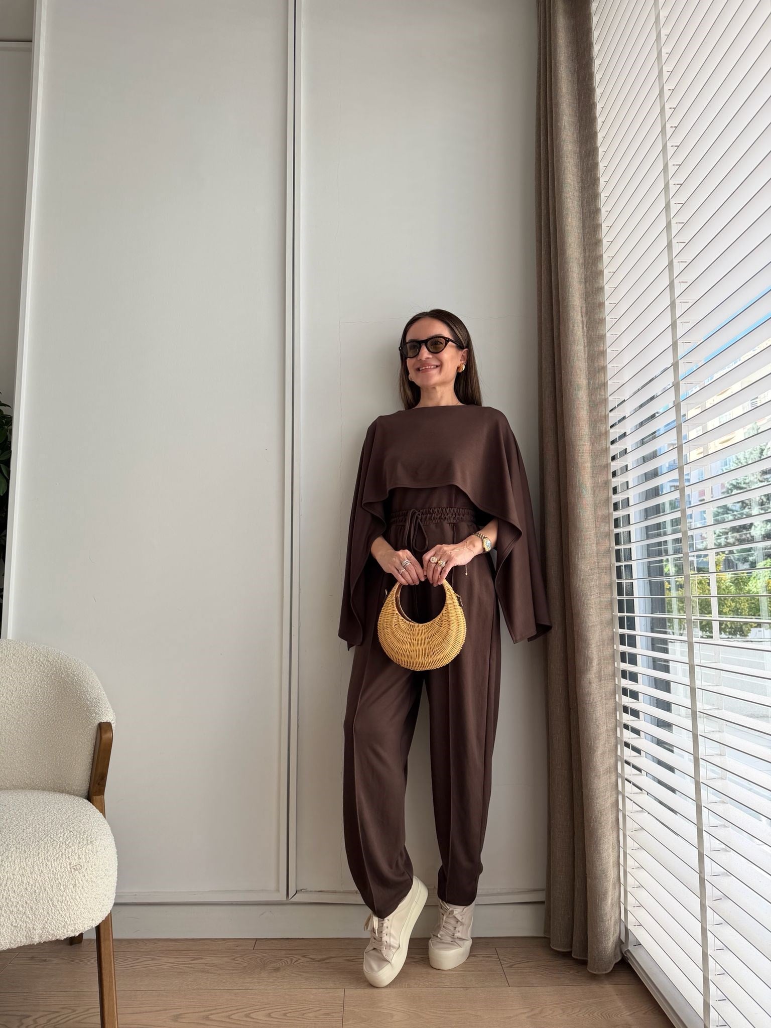 Kahve rengi Pelerin Detaylı Bluz Pantolon Takım 4143