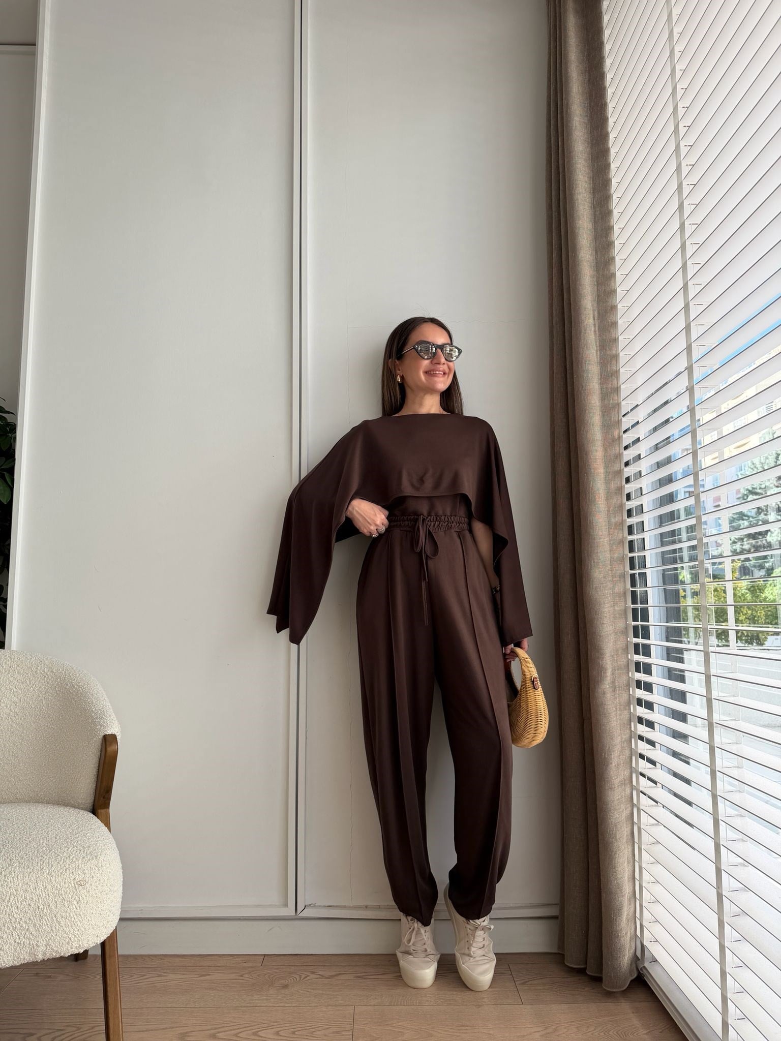 Kahve rengi Pelerin Detaylı Bluz Pantolon Takım 4143