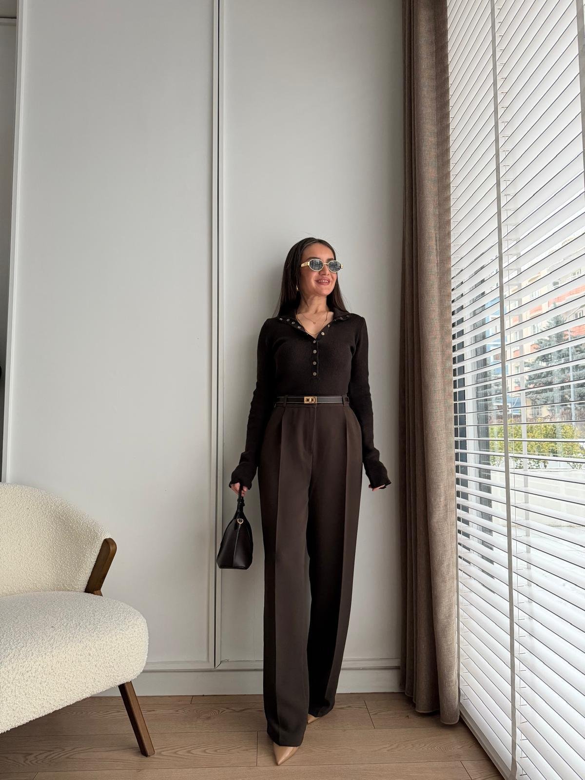 Kahve rengi Pile Detaylı Cepli Palazzo Pantolon 3879