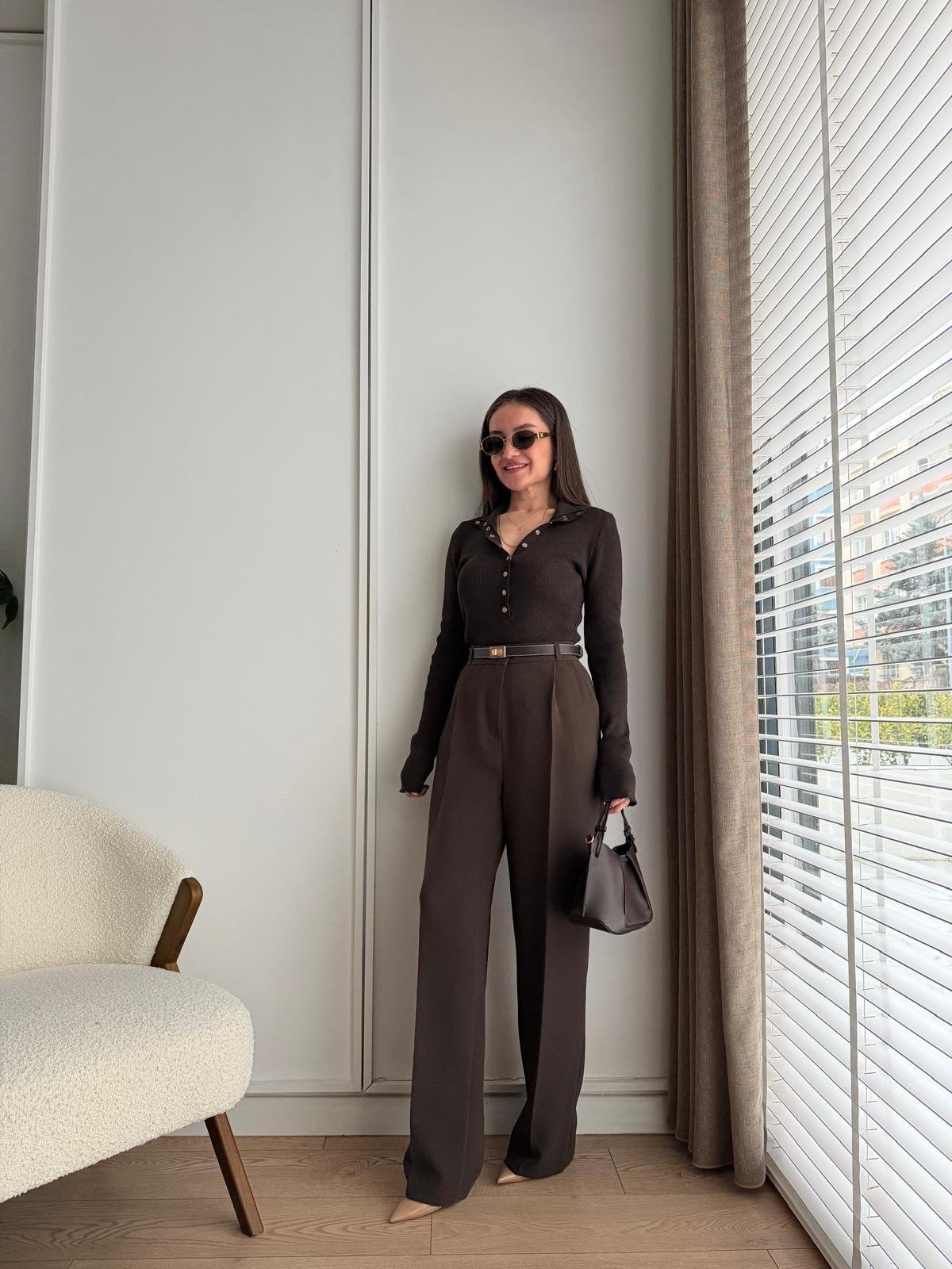 Kahve rengi Pile Detaylı Cepli Palazzo Pantolon 3879