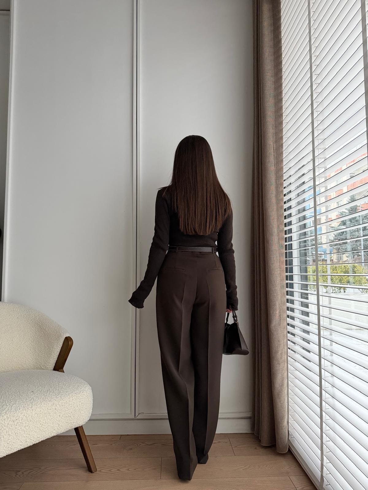 Kahve rengi Pile Detaylı Cepli Palazzo Pantolon 3879