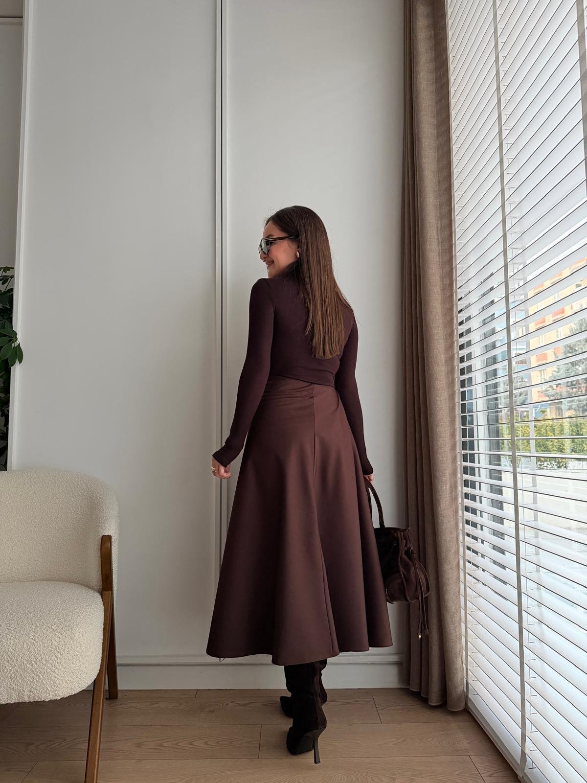 Kahve rengi Pile Detaylı Midi Boy Etek 36978